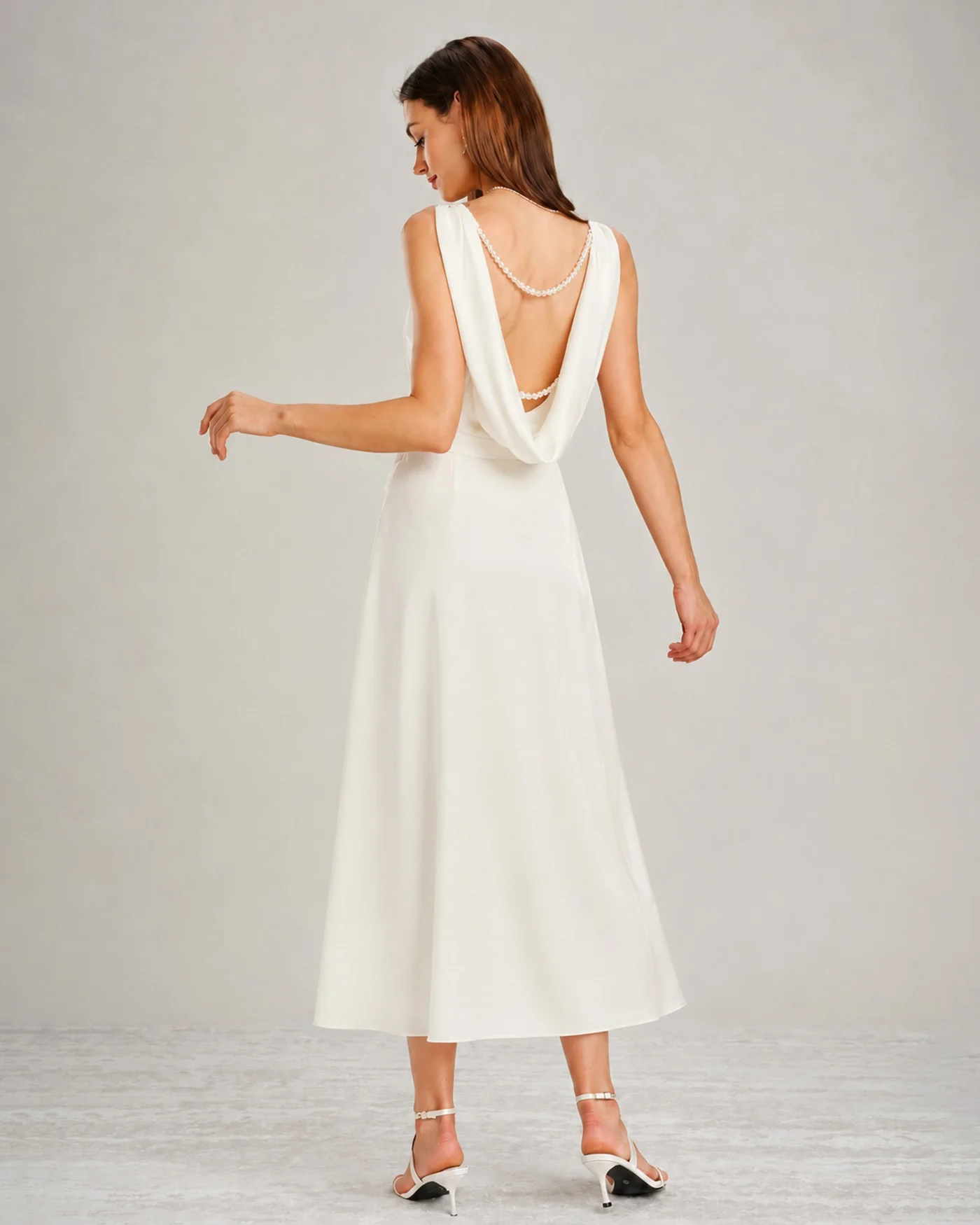 Apricot Boat Neck Pearl Satin Midi Dress - Image 3