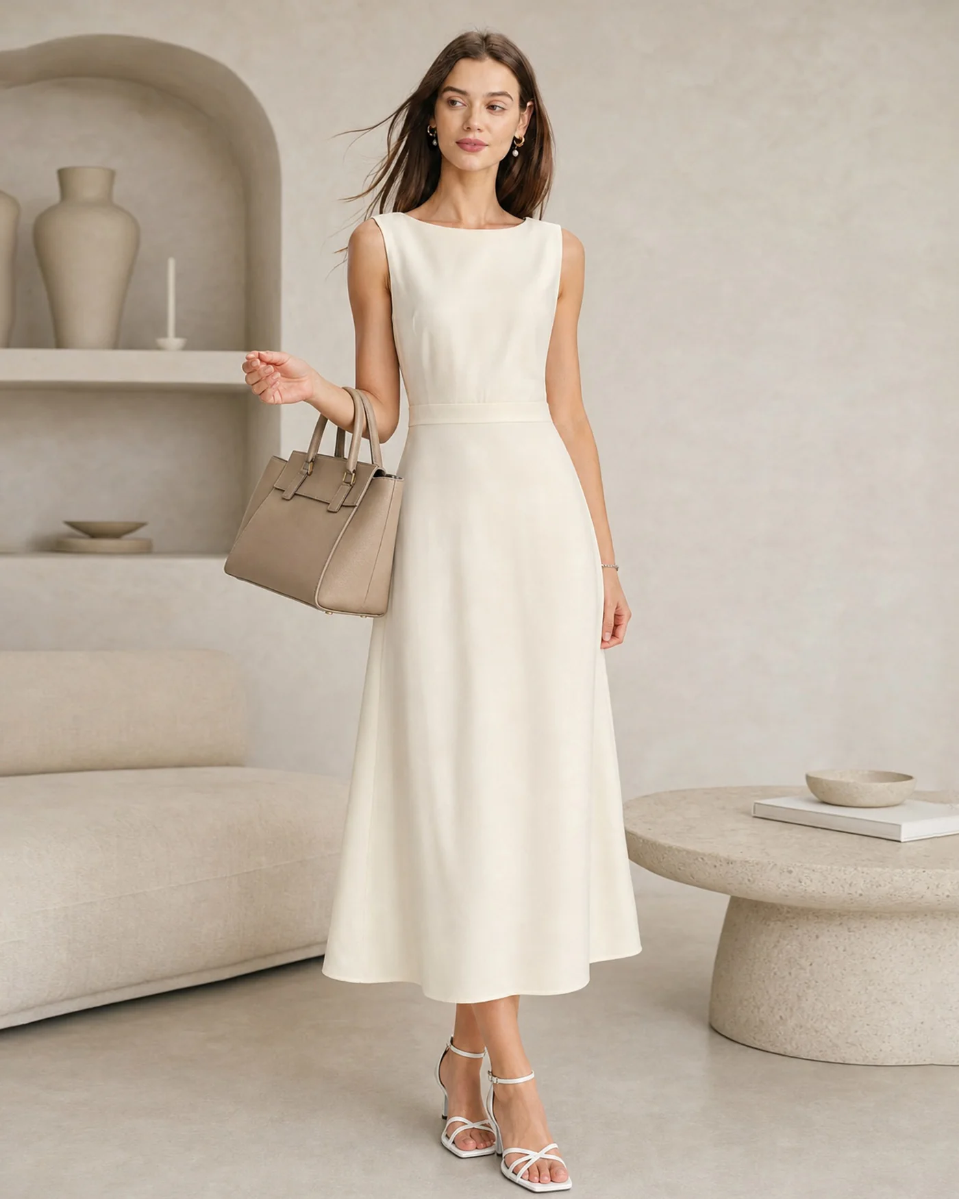 Apricot Boat Neck Pearl Satin Midi Dress - Image 4