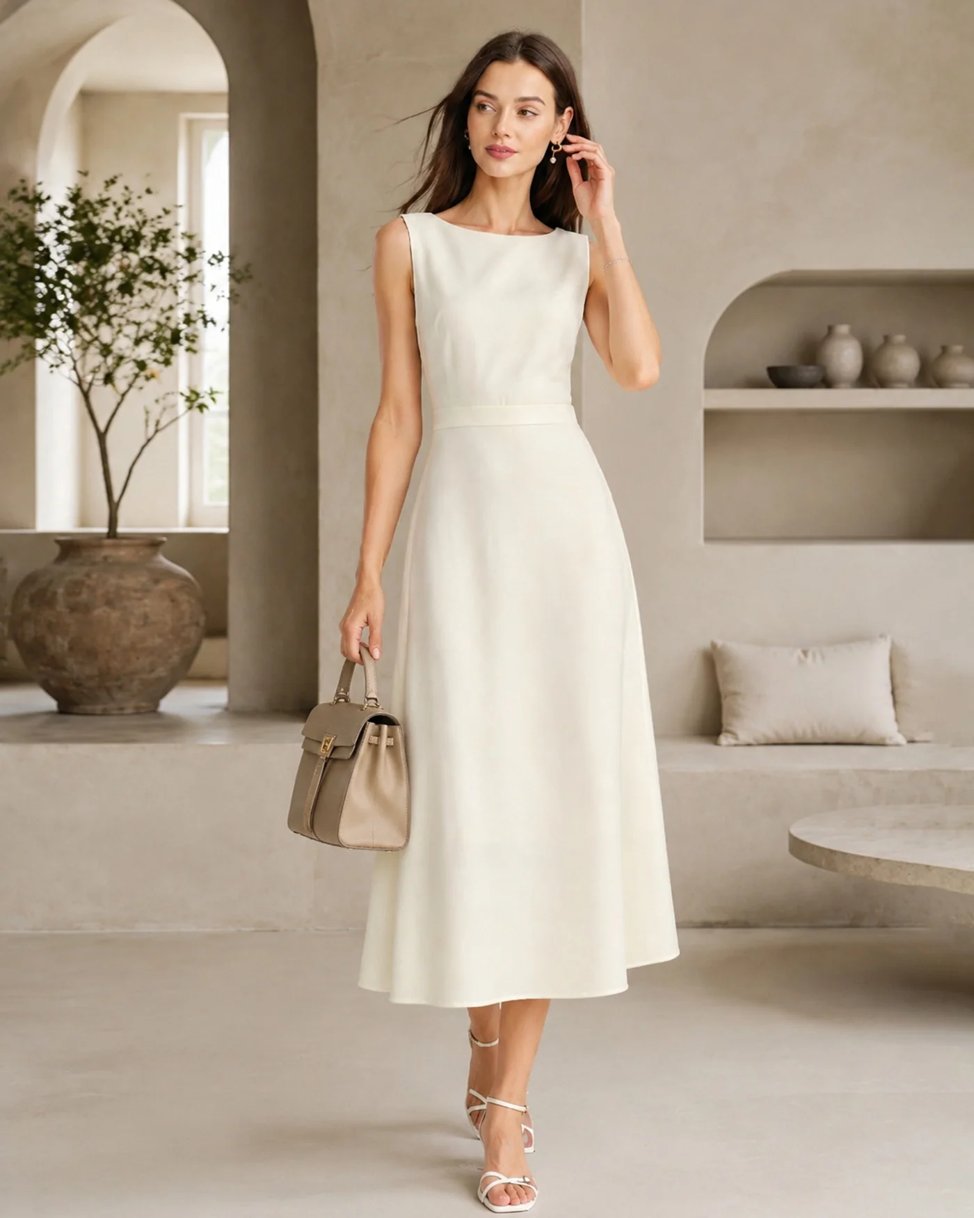 Apricot Boat Neck Pearl Satin Midi Dress - Image 5