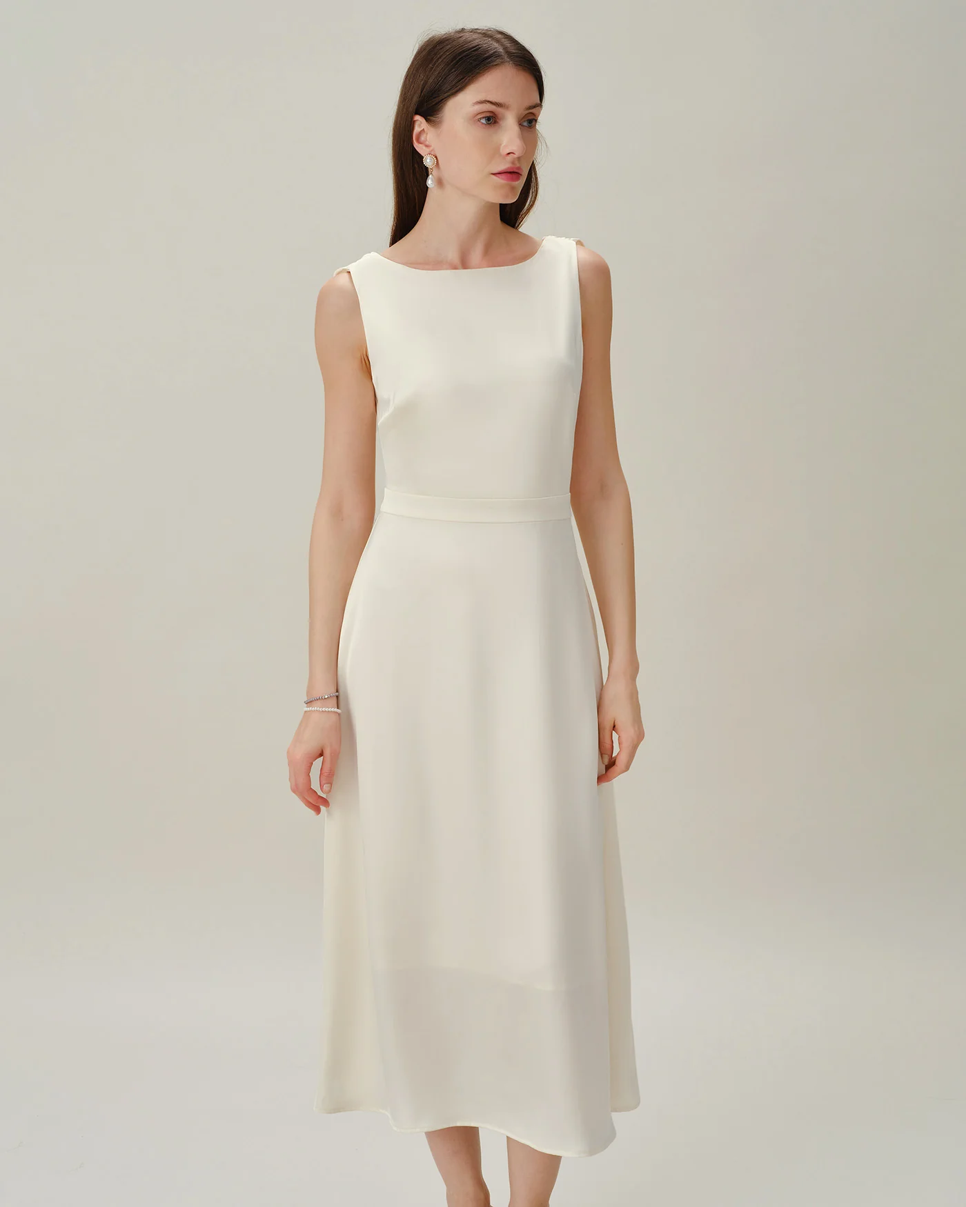Apricot Boat Neck Pearl Satin Midi Dress - Image 6