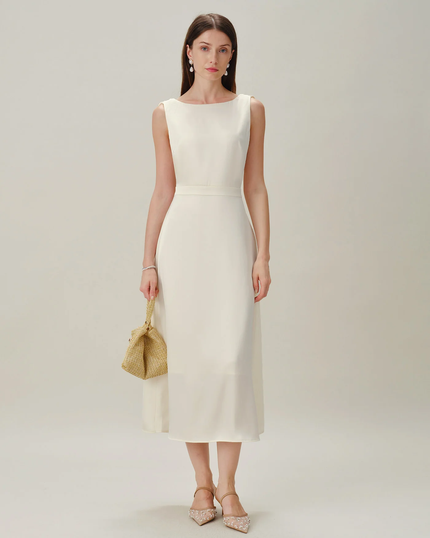 Apricot Boat Neck Pearl Satin Midi Dress - Image 7