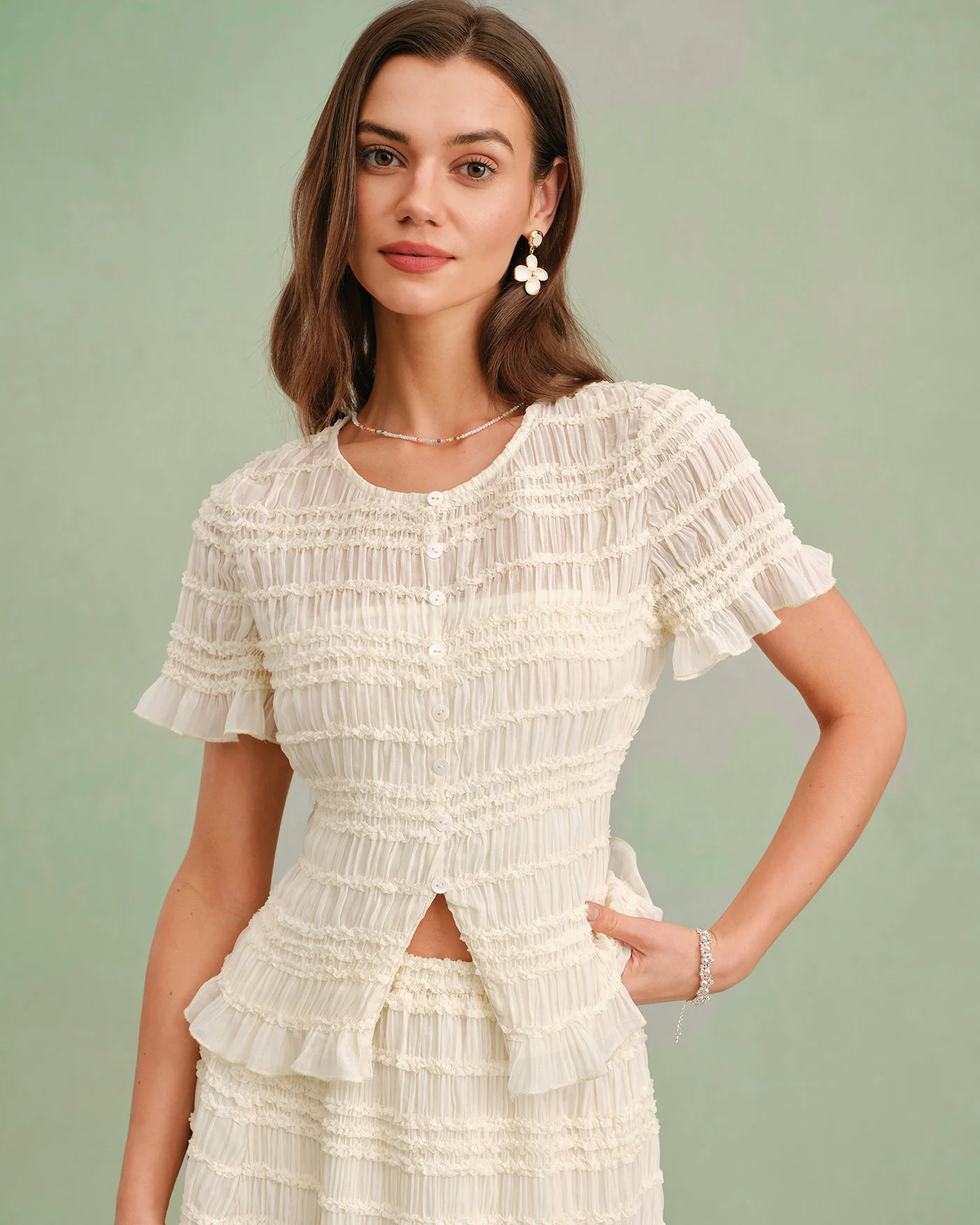 Apricot Boat Neck Shirred Tee - Image 2