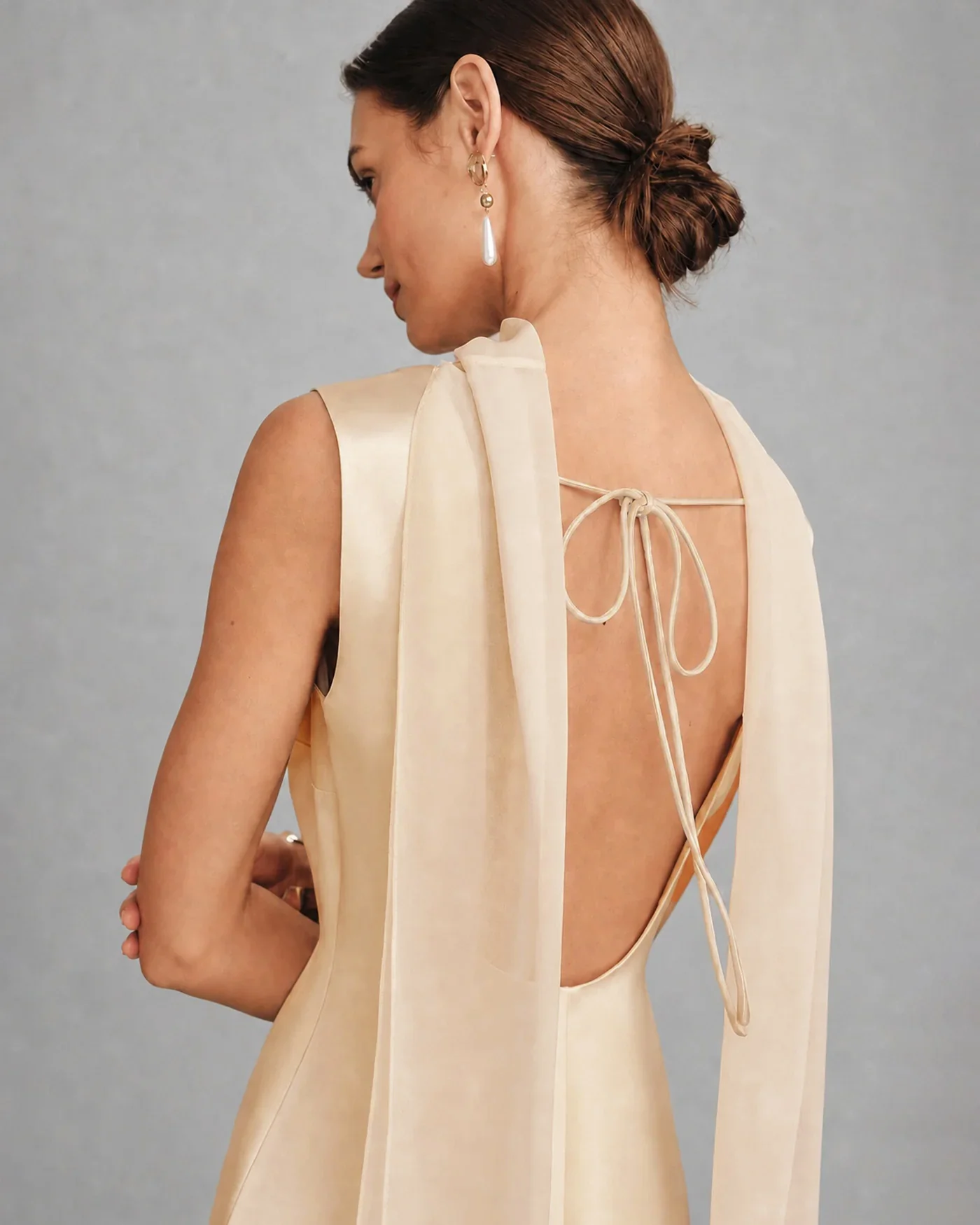 Apricot Boat Neck Tie Satin Mini Dress - Image 2