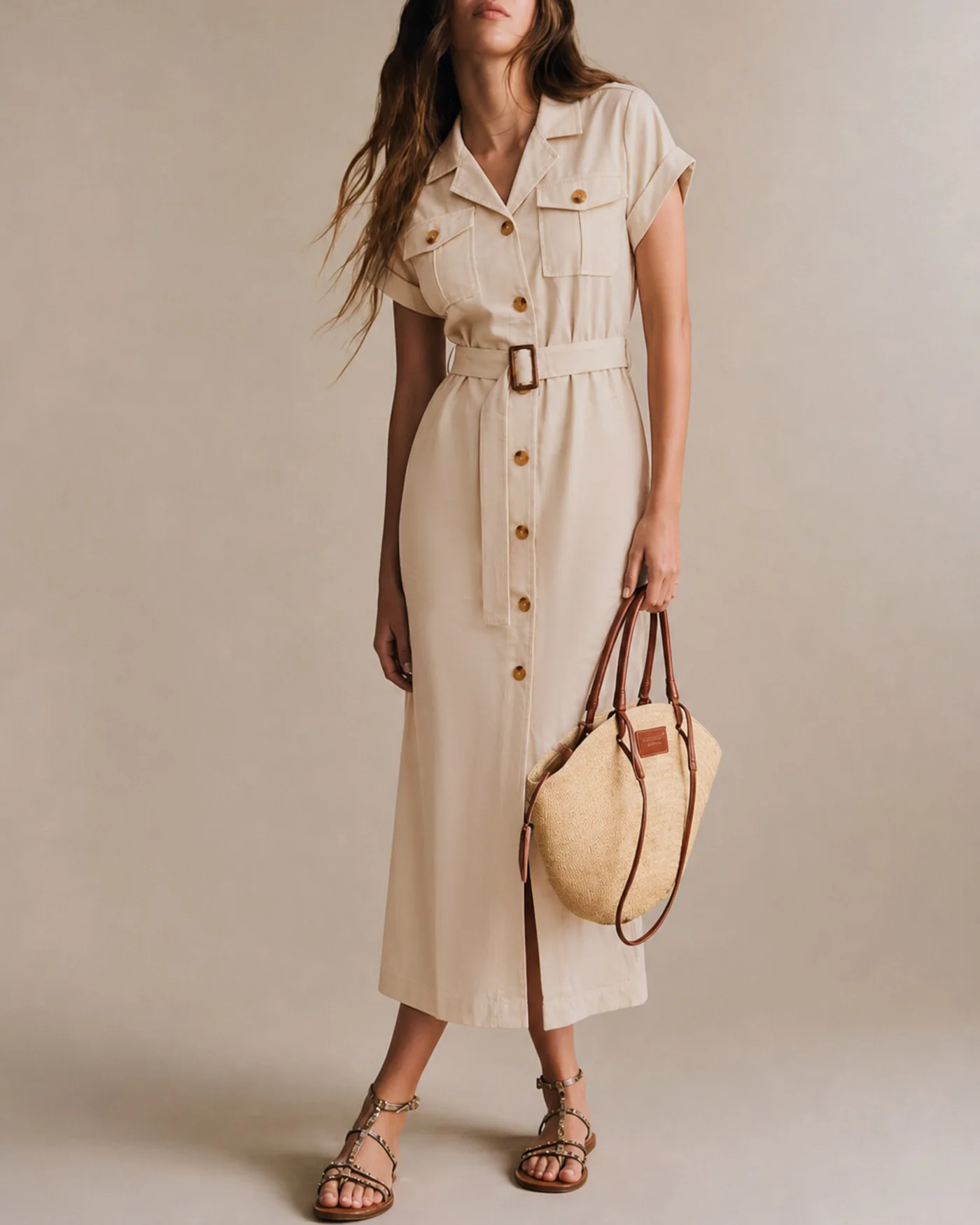 Apricot Button Belt Tunic Midi Dress - Image 2