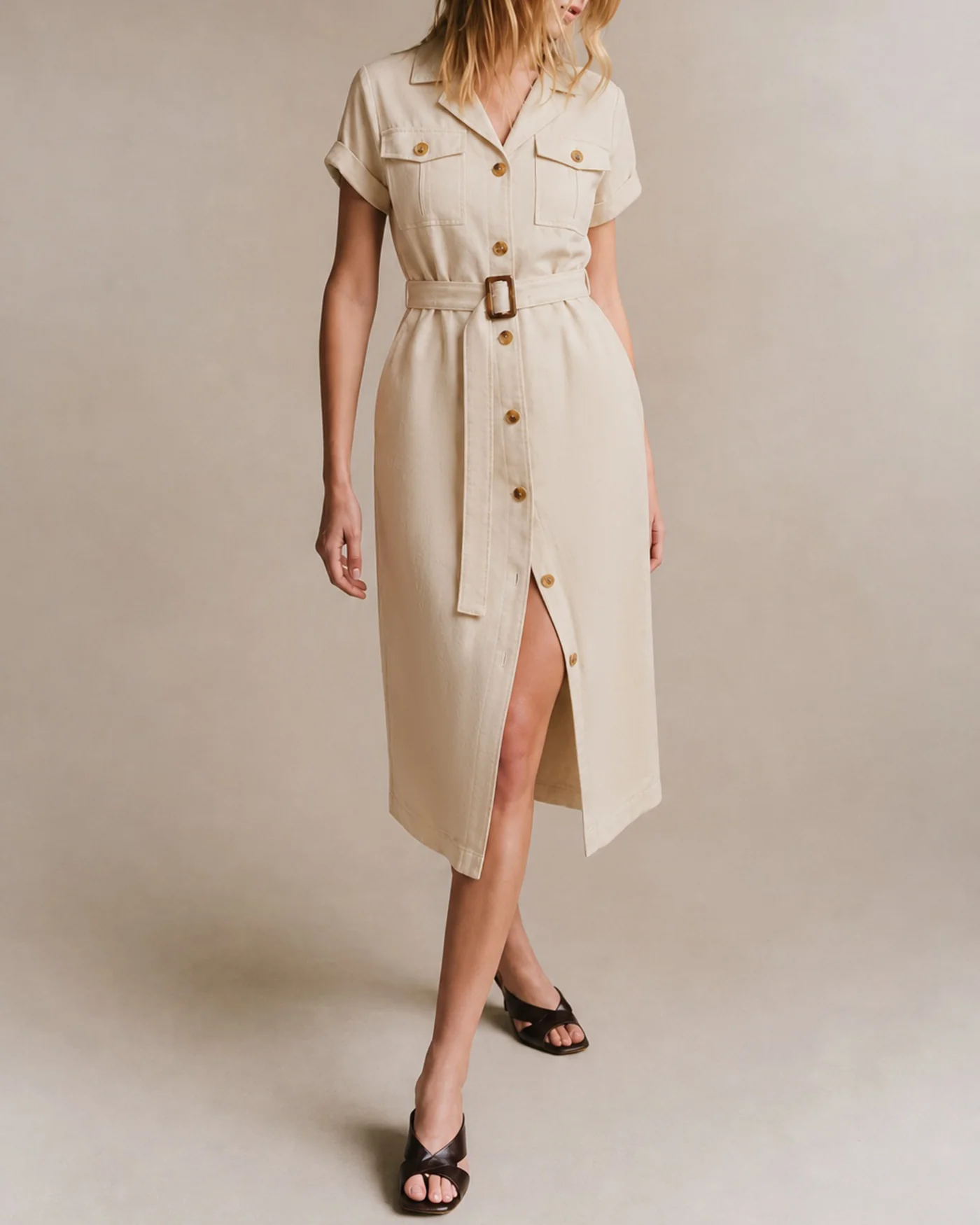 Apricot Button Belt Tunic Midi Dress - Image 3