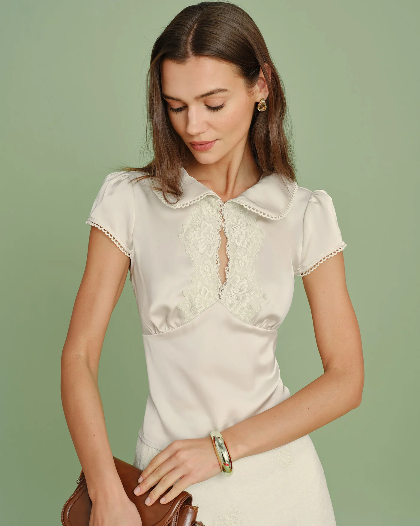Apricot Collar Lace Splicing Tee - Image 3