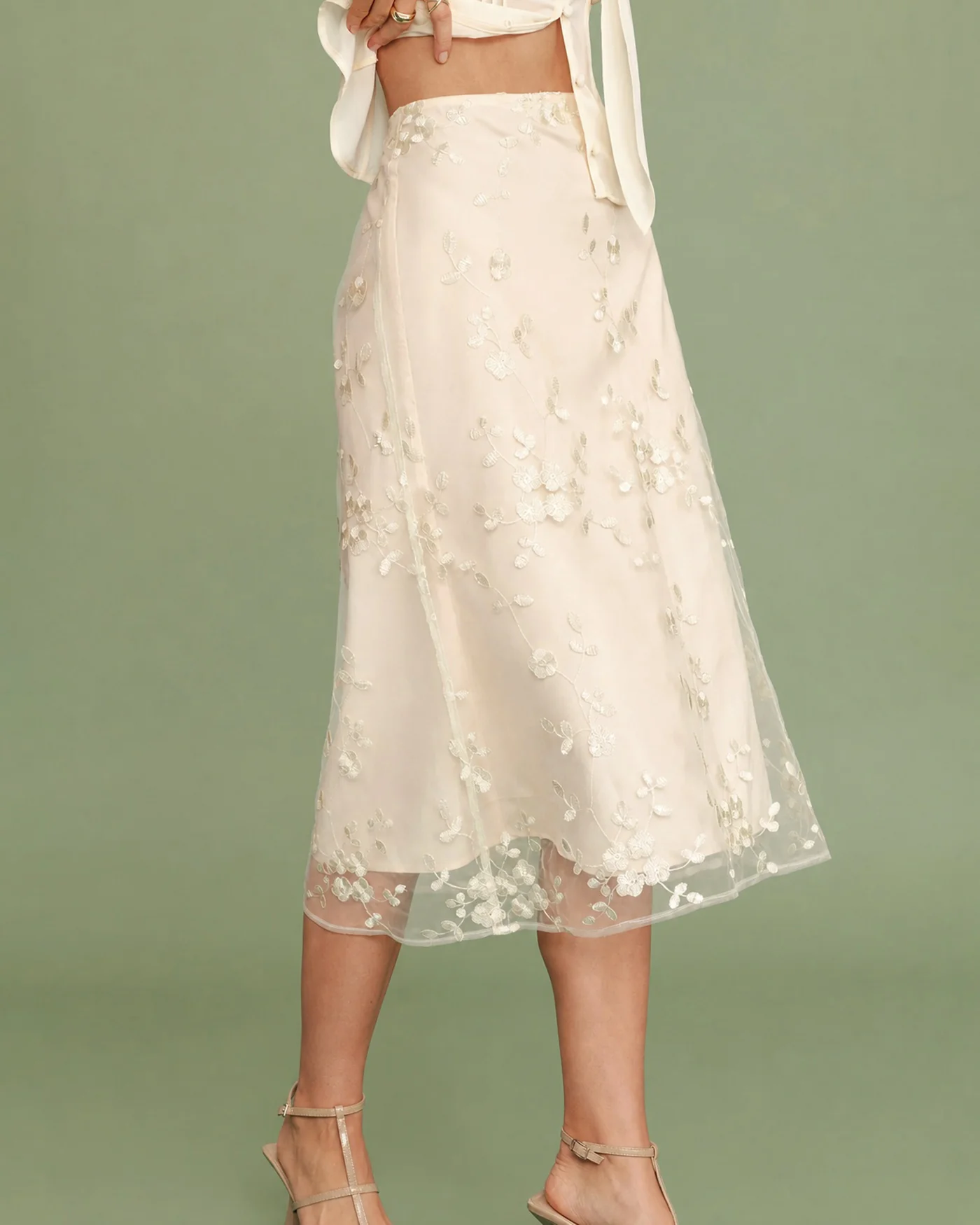 Apricot Floral Embroidery Mesh Midi Skirt - Image 3