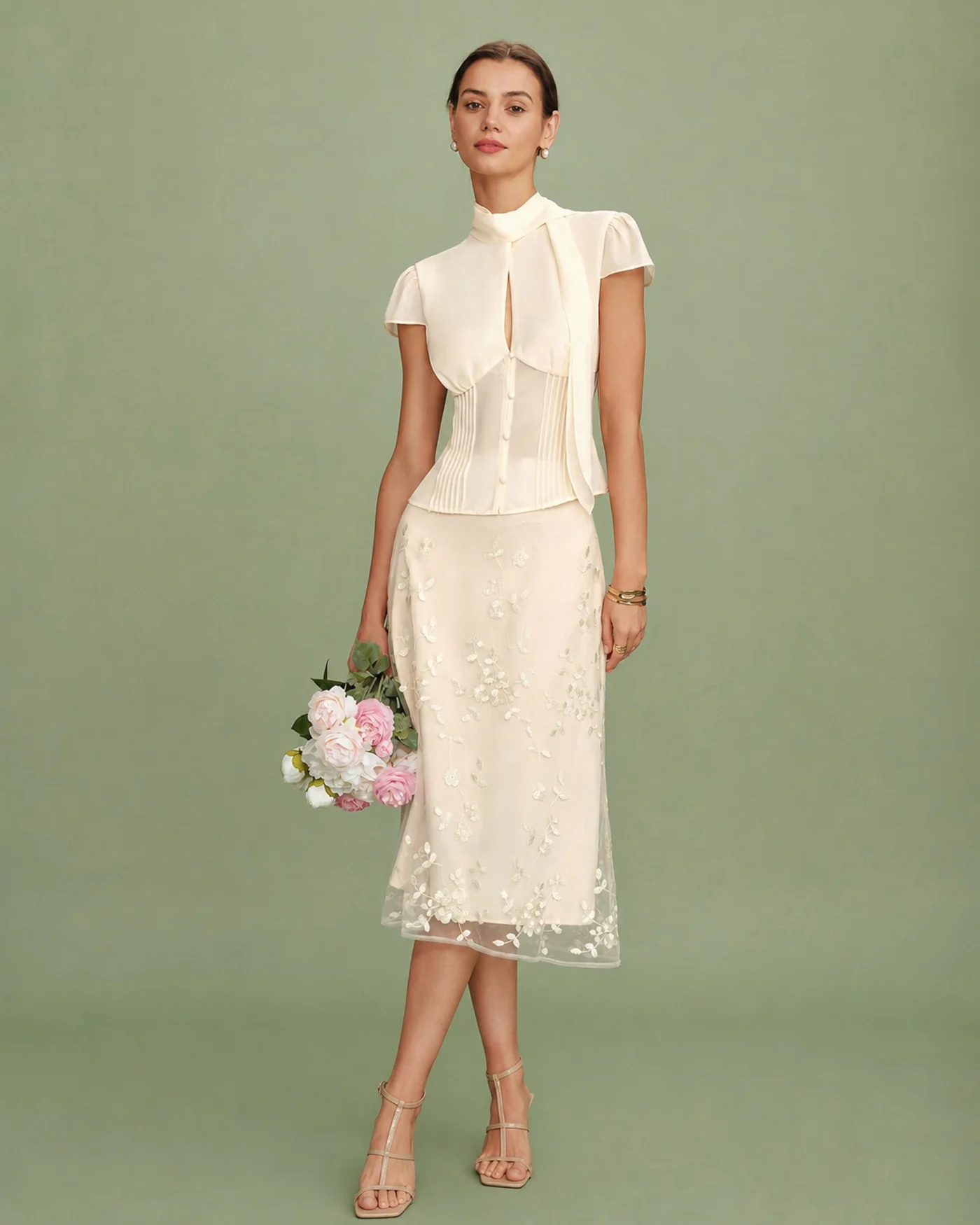 Apricot Floral Embroidery Mesh Midi Skirt - Image 4