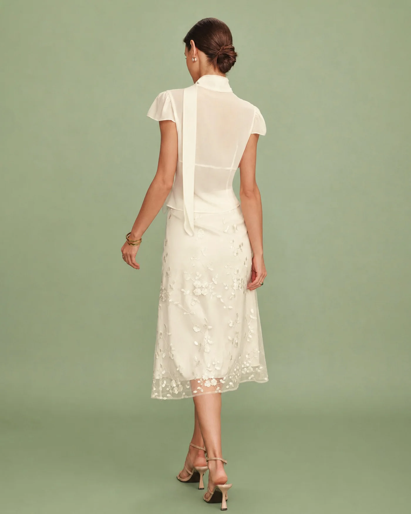 Apricot Floral Embroidery Mesh Midi Skirt - Image 5