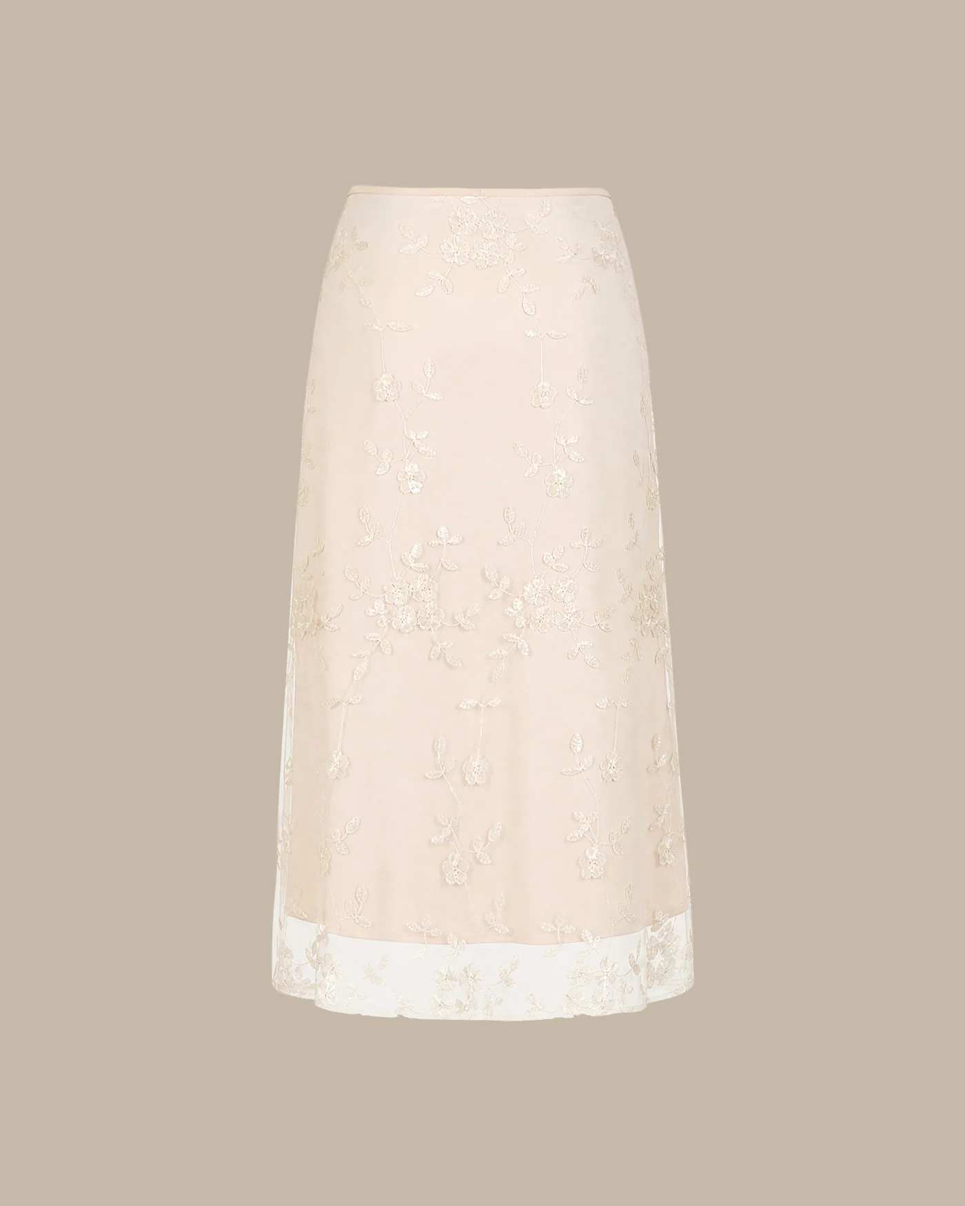 Apricot Floral Embroidery Mesh Midi Skirt - Image 6