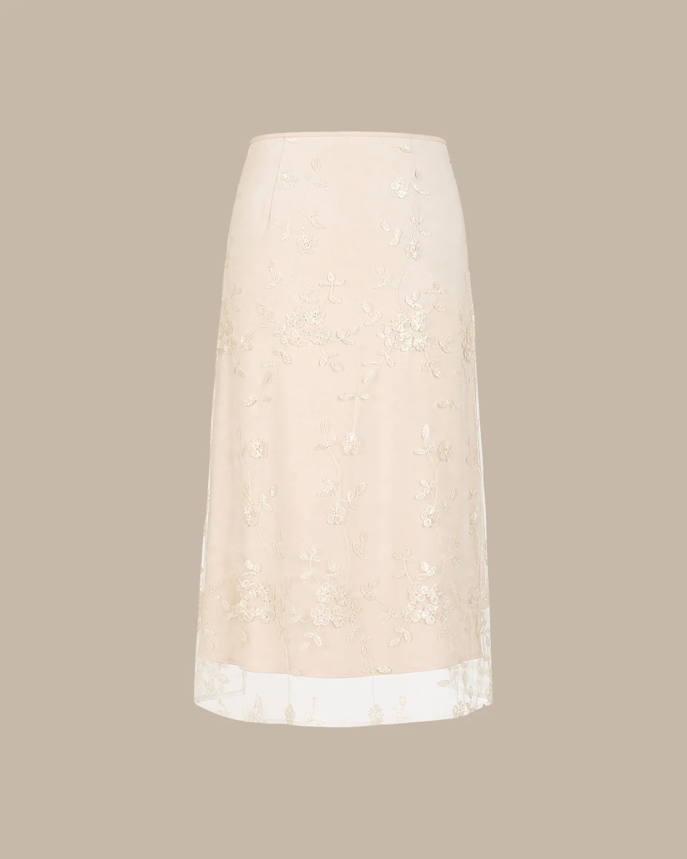 Apricot Floral Embroidery Mesh Midi Skirt - Image 7