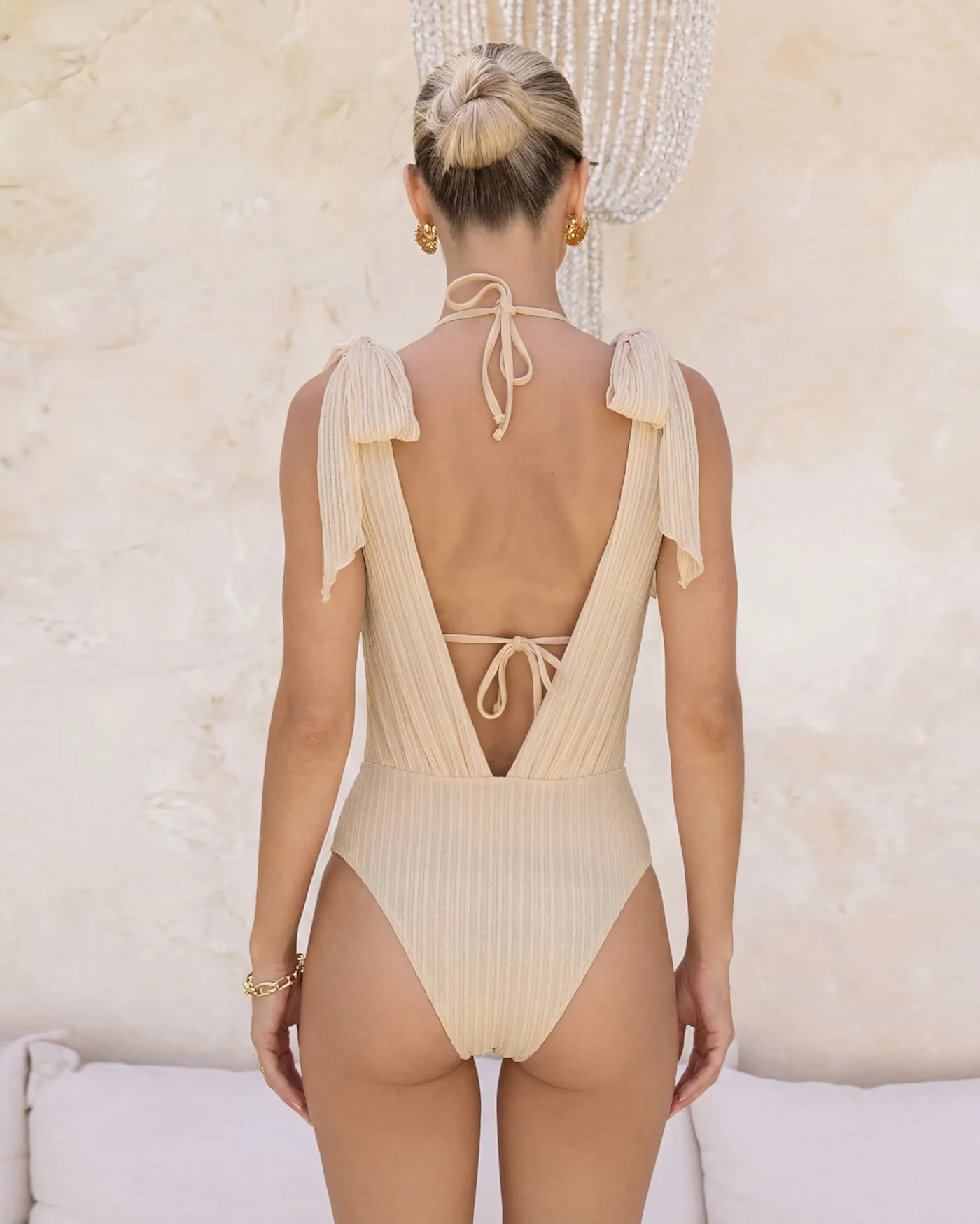 Apricot Halter Sequins Drawstring Bikini Set - Image 2