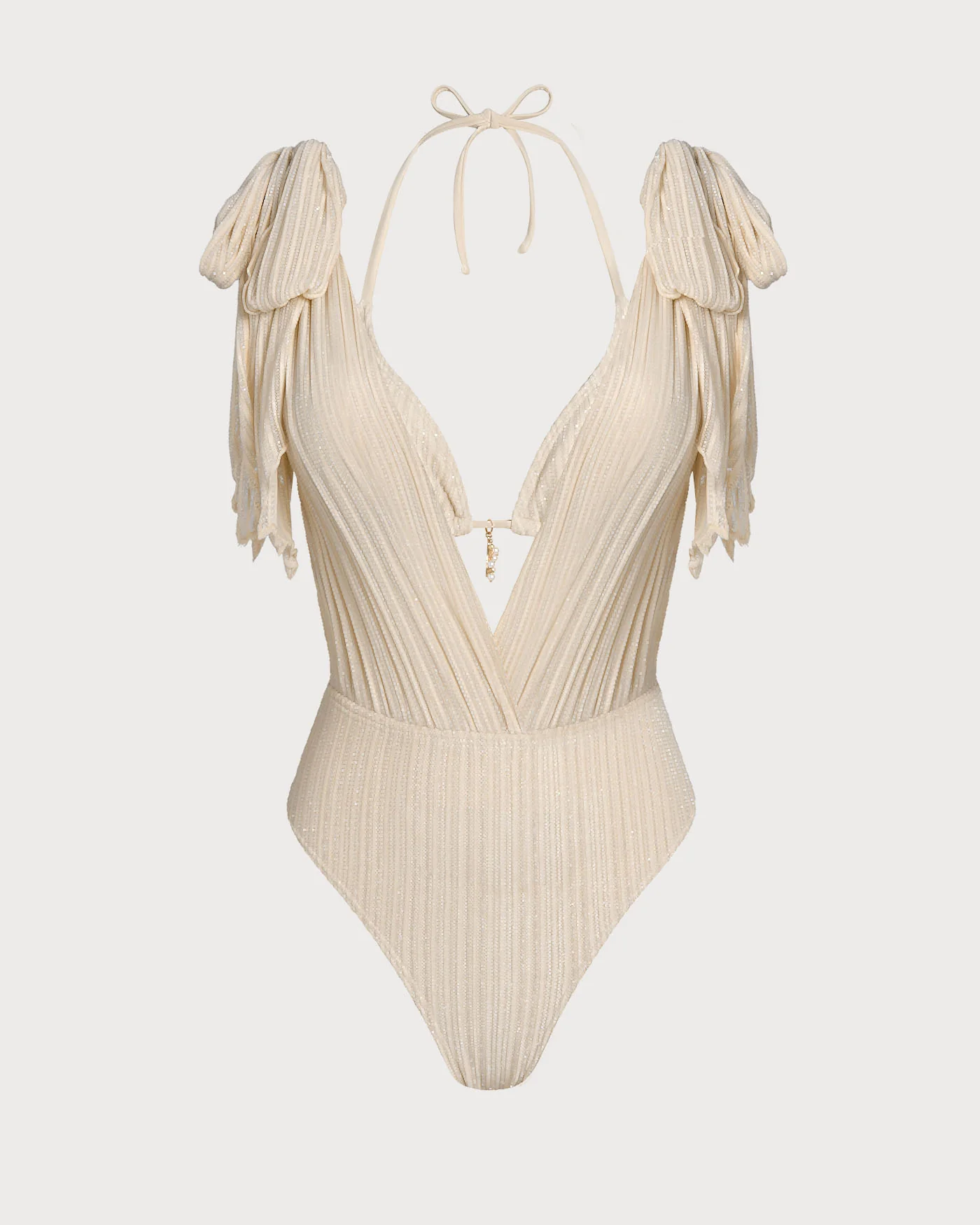 Apricot Halter Sequins Drawstring Bikini Set - Image 3