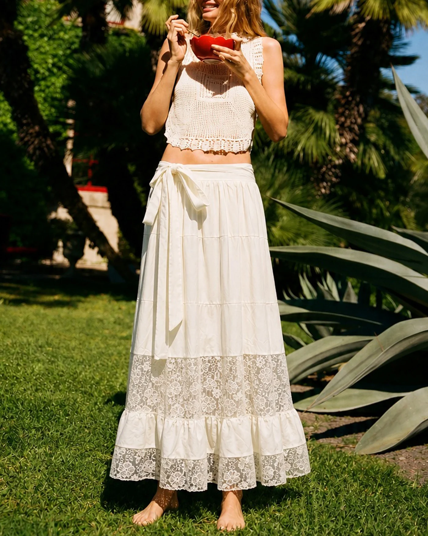 Apricot Lace Elastic Waist Midi Skirt - Image 3