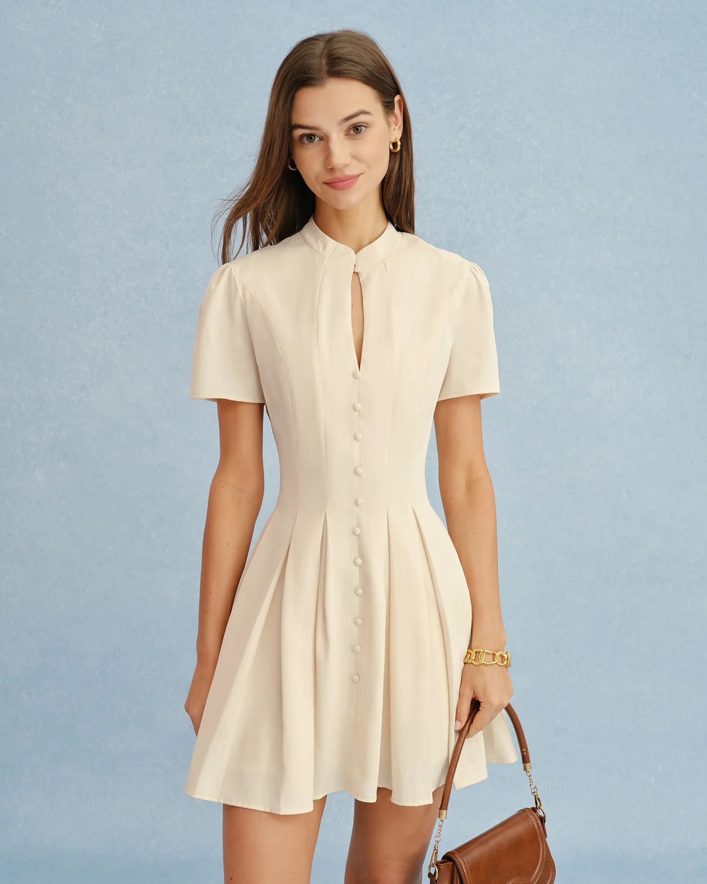 Apricot Mandarin Collar Cut Out Mini Dress - Image 6