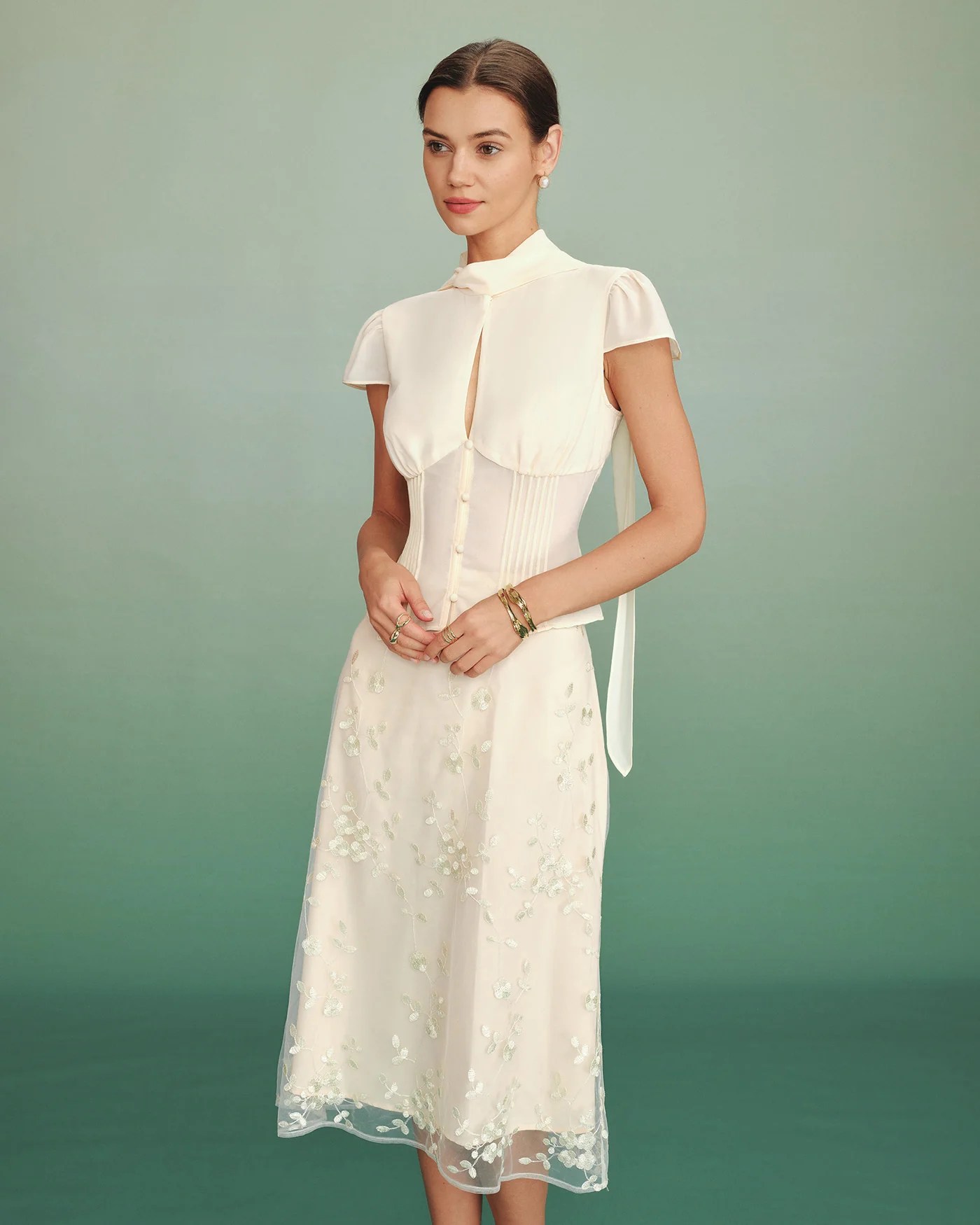 Apricot Mock Neck Button Chiffon Blouse - Image 5