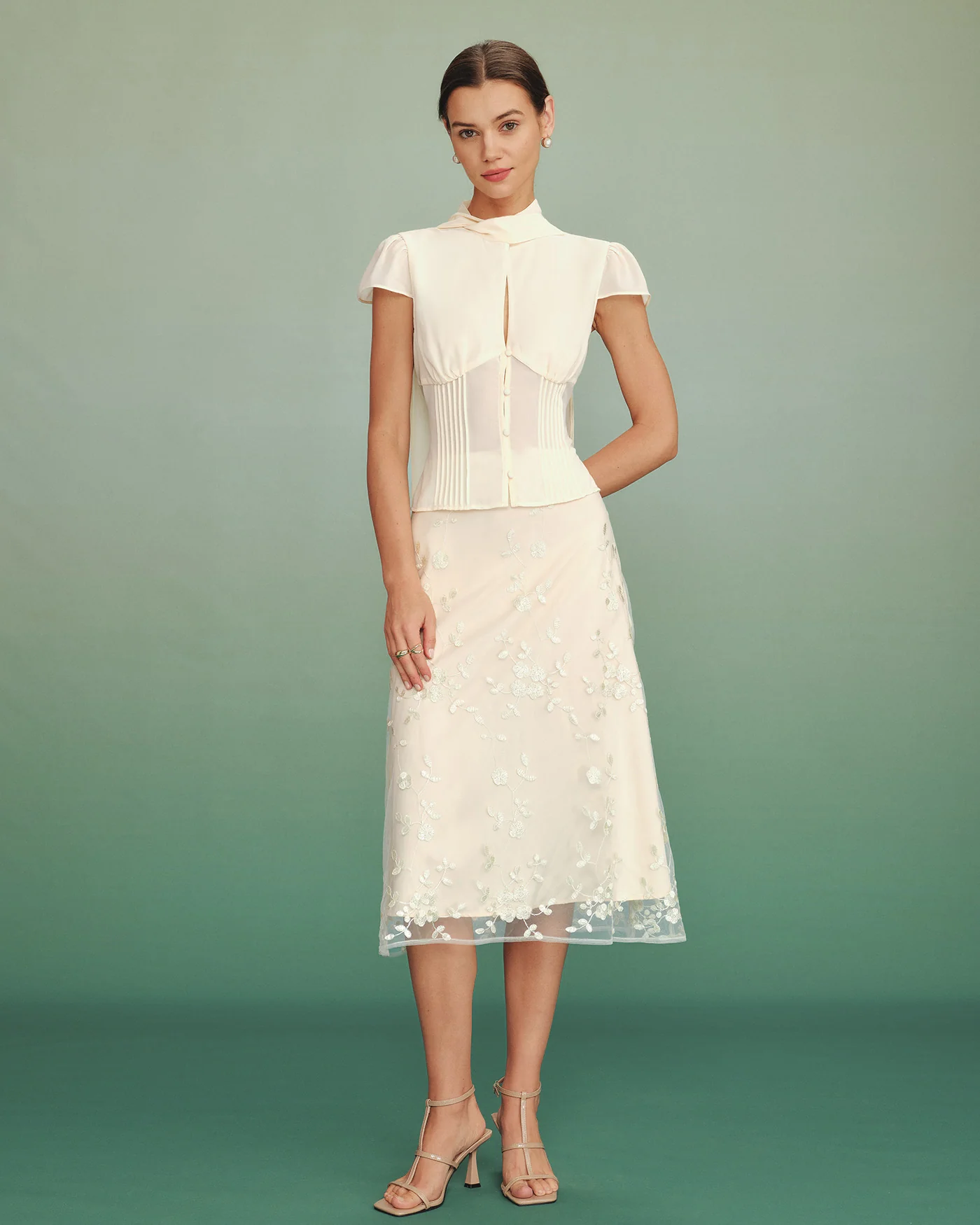Apricot Mock Neck Button Chiffon Blouse - Image 6