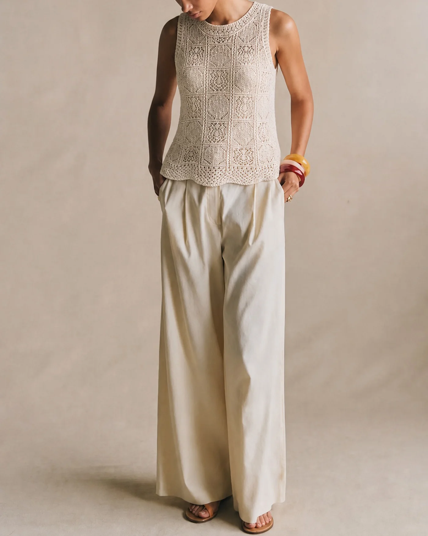 Apricot Round Neck Textured Knit Sweater - Image 5