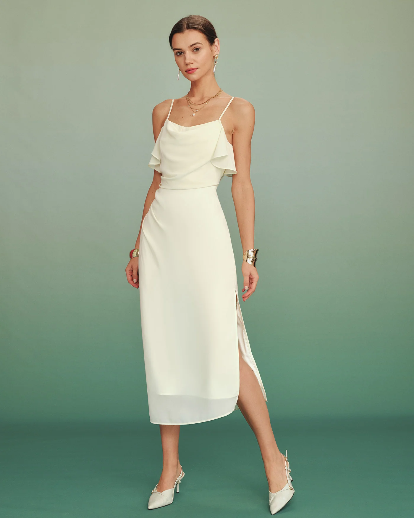 Apricot Ruffle Slip Chiffon Midi Dress - Image 4