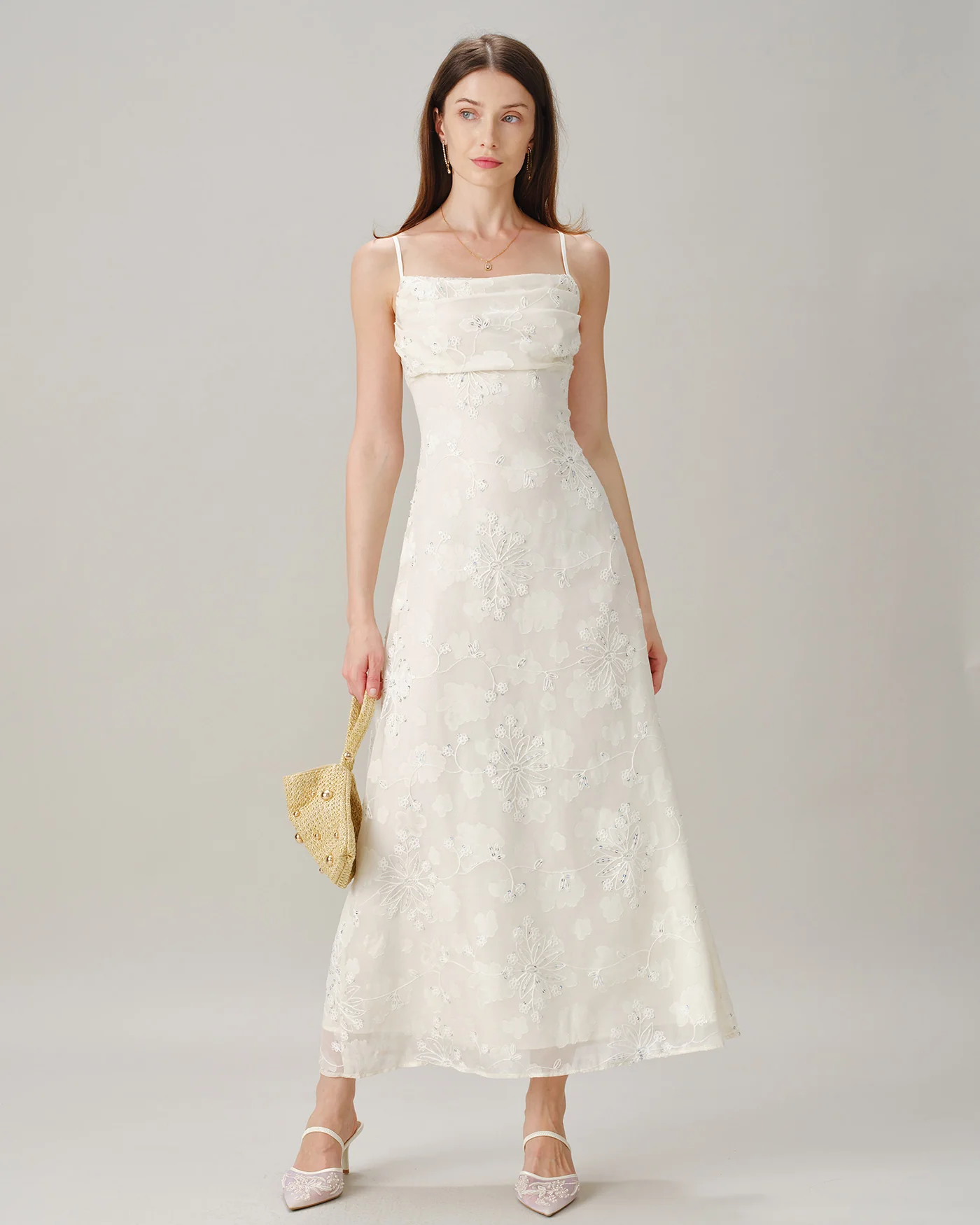 Apricot Square Neck Jacquard Sequins Maxi Dress - Image 3