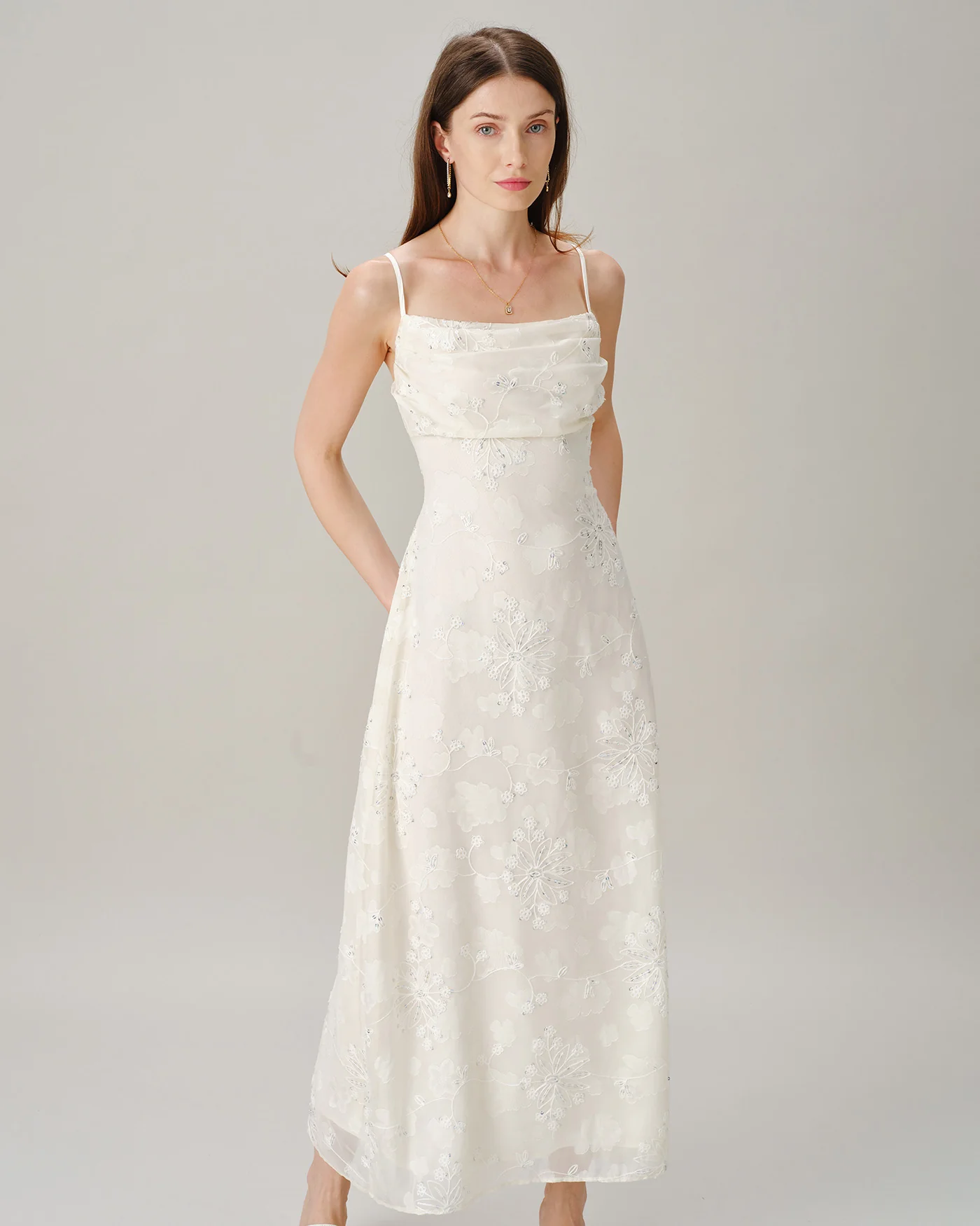 Apricot Square Neck Jacquard Sequins Maxi Dress - Image 4