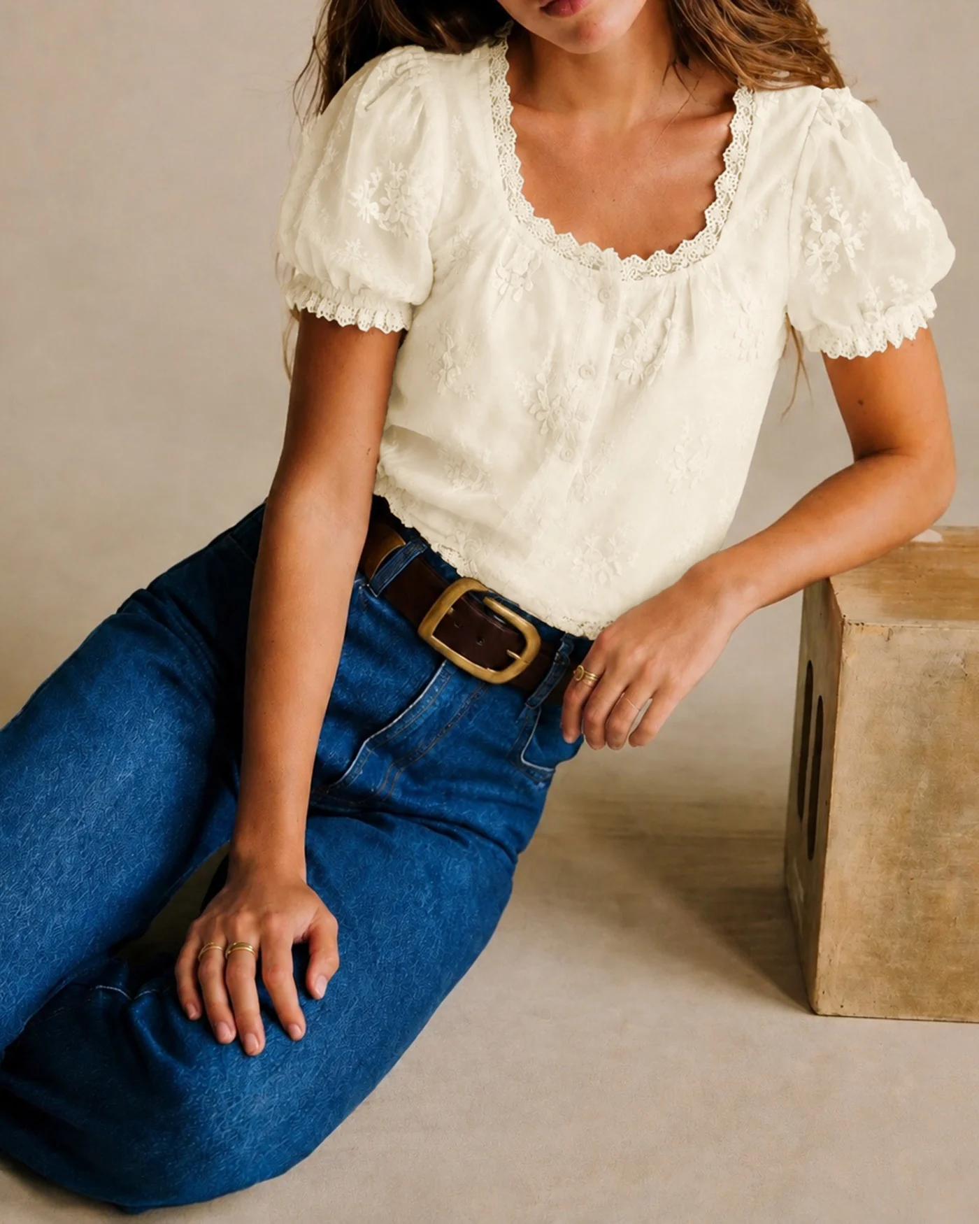 Apricot Square Neck Lace Floral Tee - Image 4