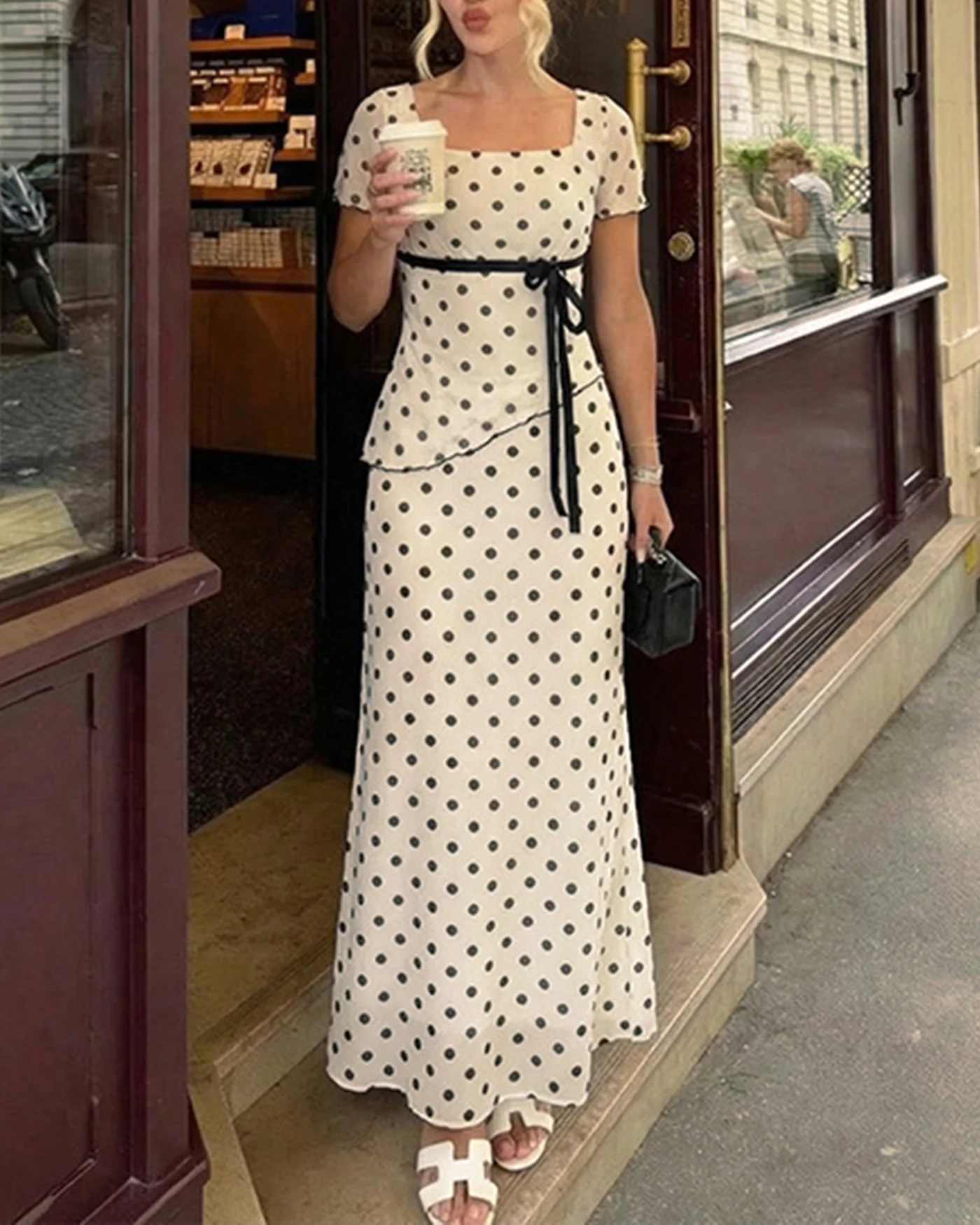 Apricot Square Neck Polka Dot Two-Piece Set - Image 3