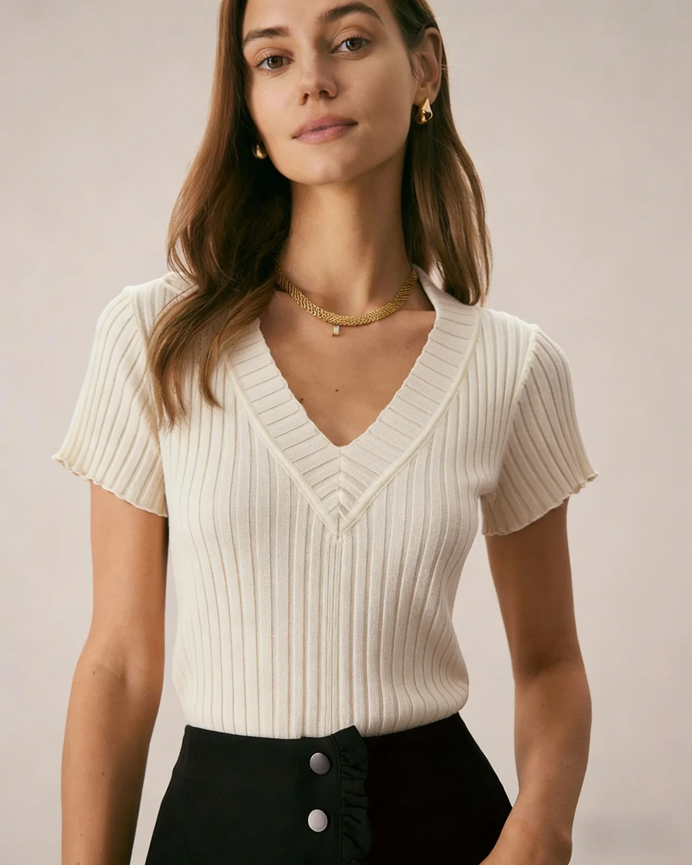 Apricot Textured V Neck Tee