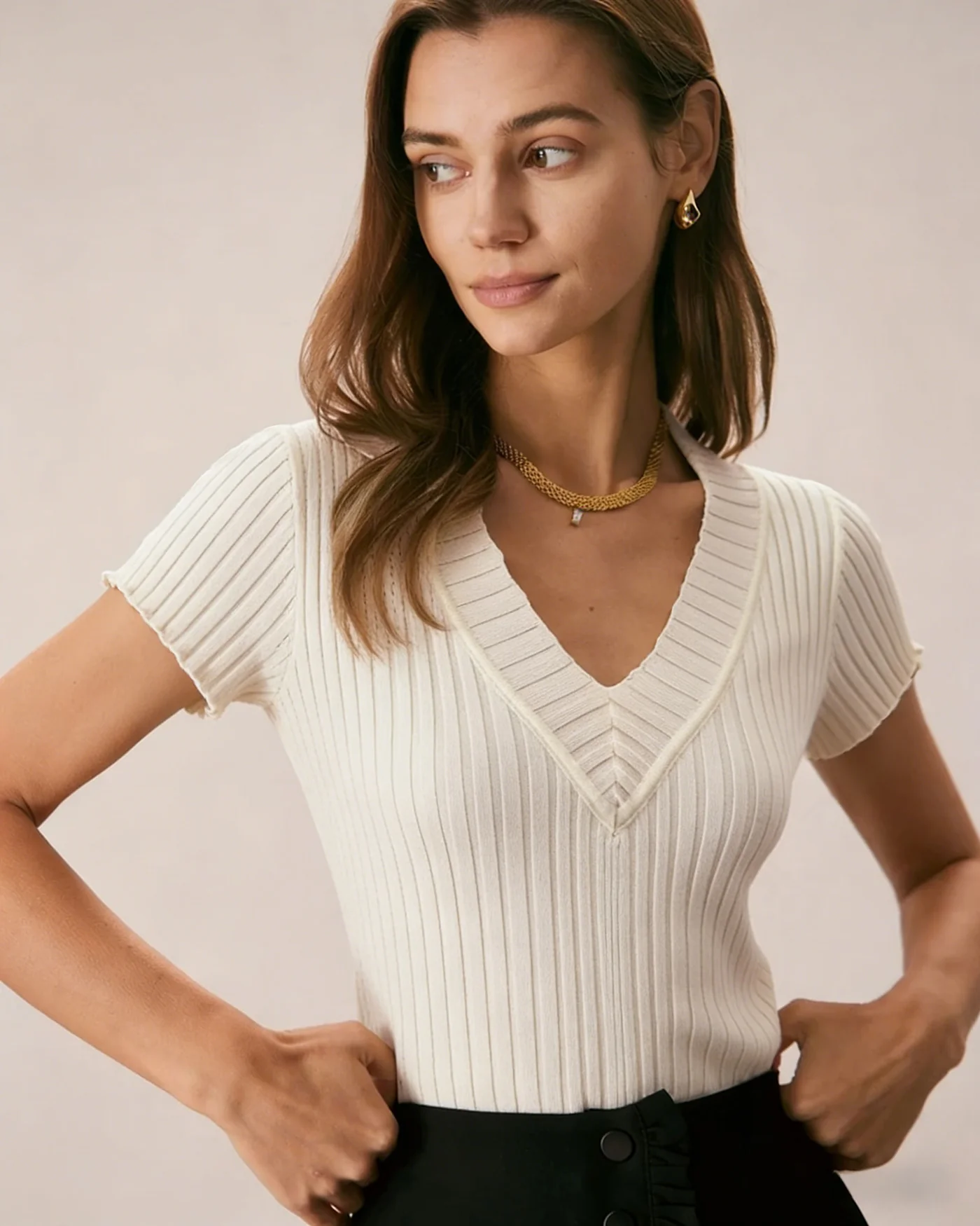 Apricot Textured V Neck Tee - Image 2