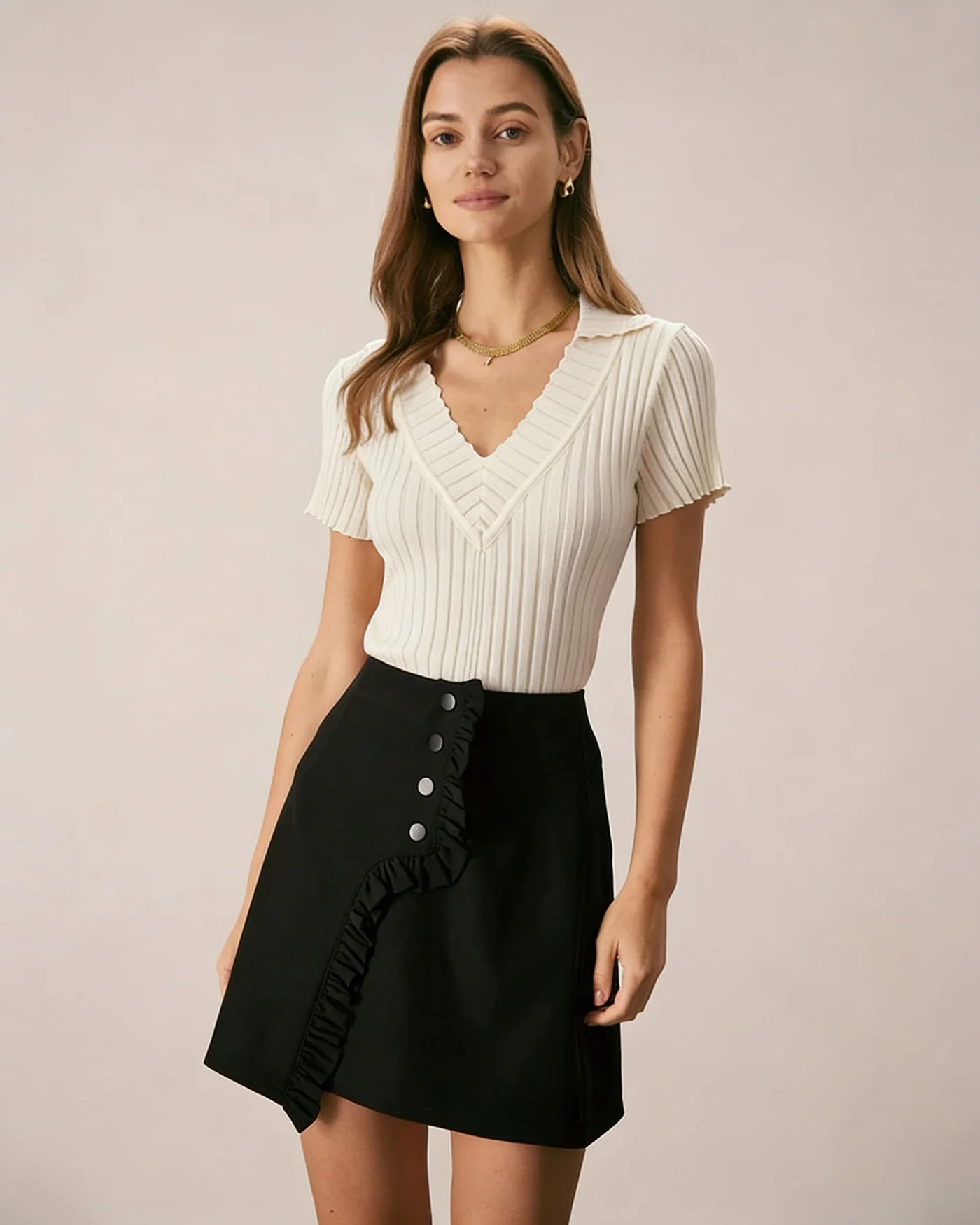 Apricot Textured V Neck Tee - Image 3