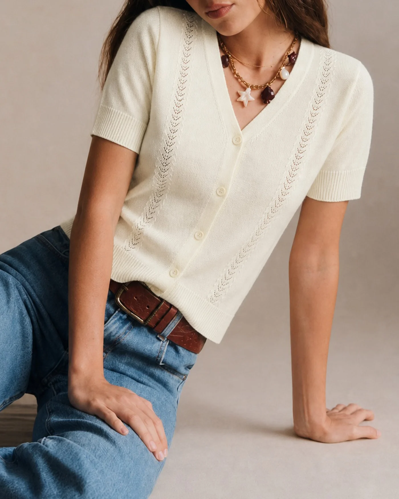 Apricot V Neck Button Knit Cardigan - Image 2