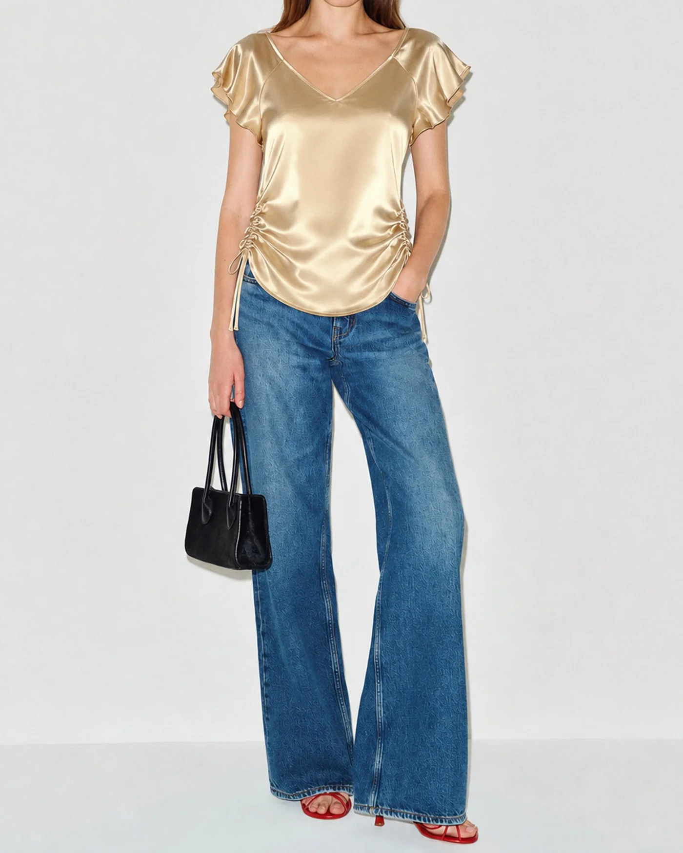 Apricot V Neck Cape Sleeve Ruched Tee - Image 3