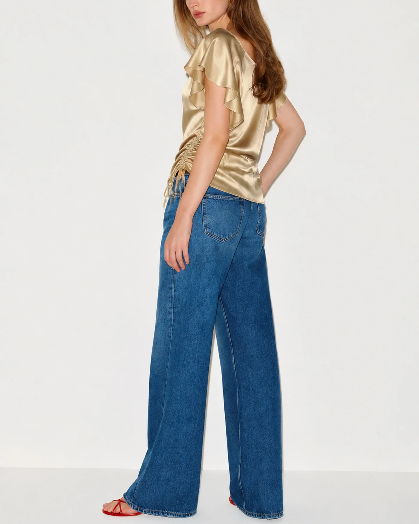 Apricot V Neck Cape Sleeve Ruched Tee - Image 5