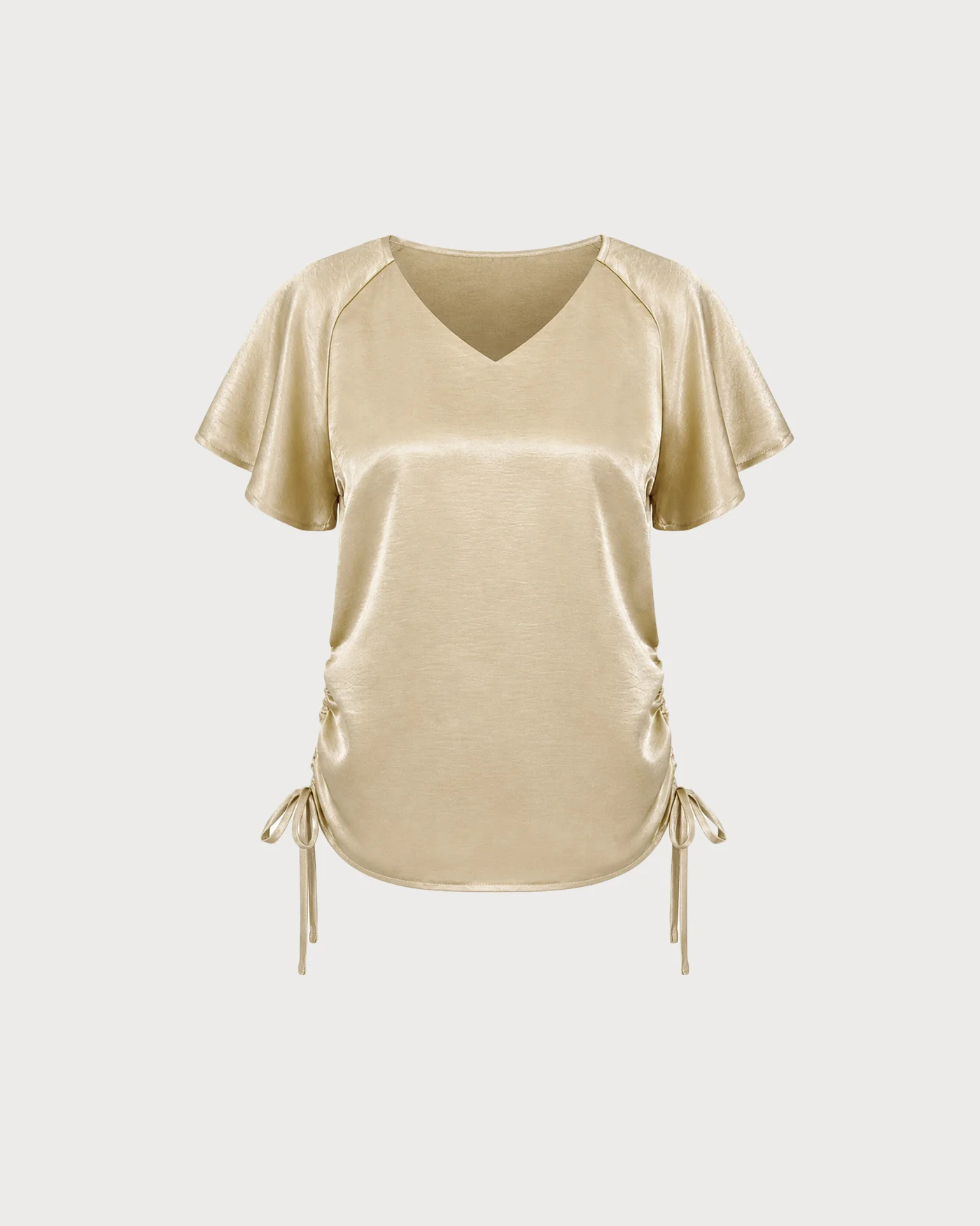 Apricot V Neck Cape Sleeve Ruched Tee - Image 6