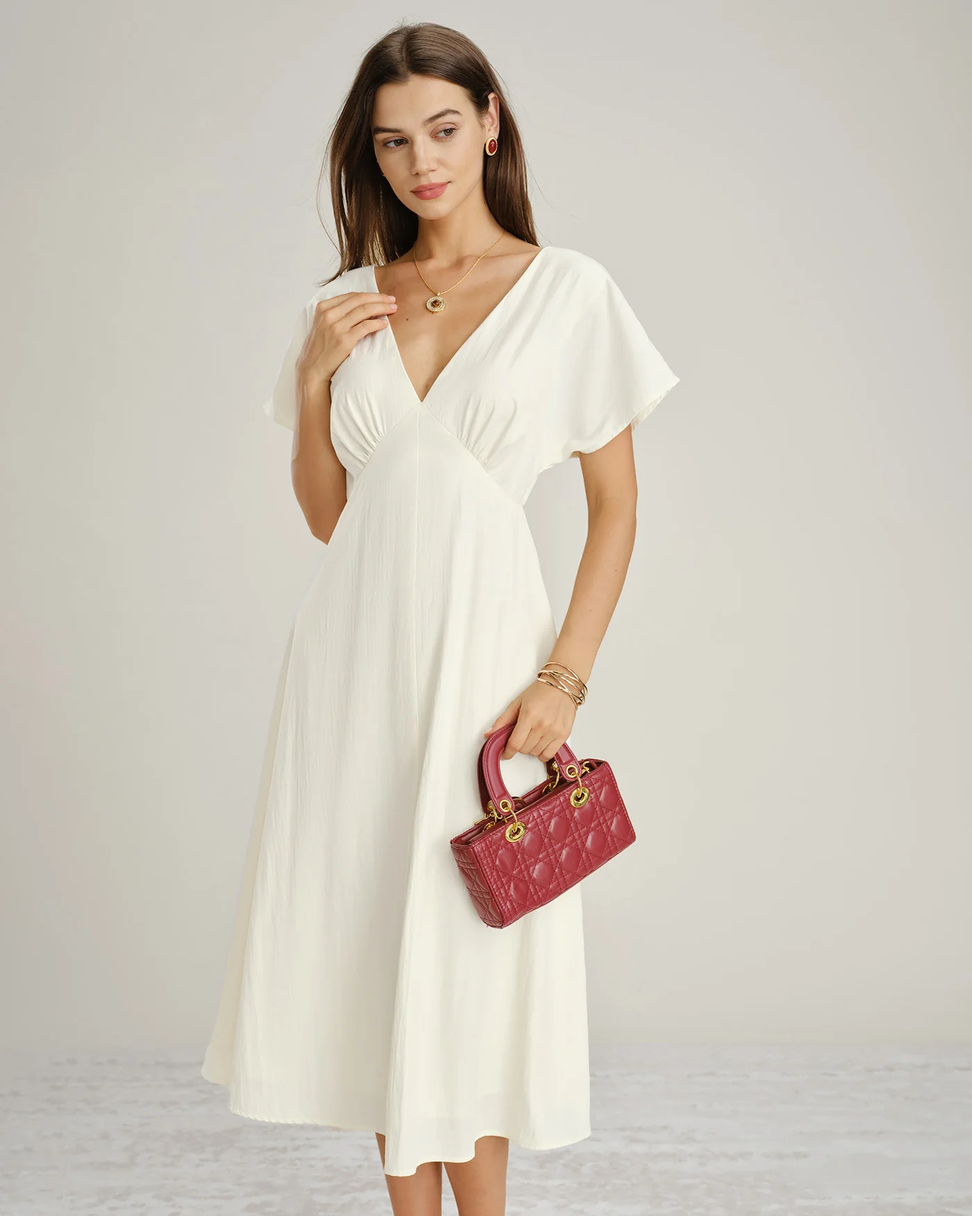 Apricot V Neck Cowl Sleeve Midi Dress - Image 3