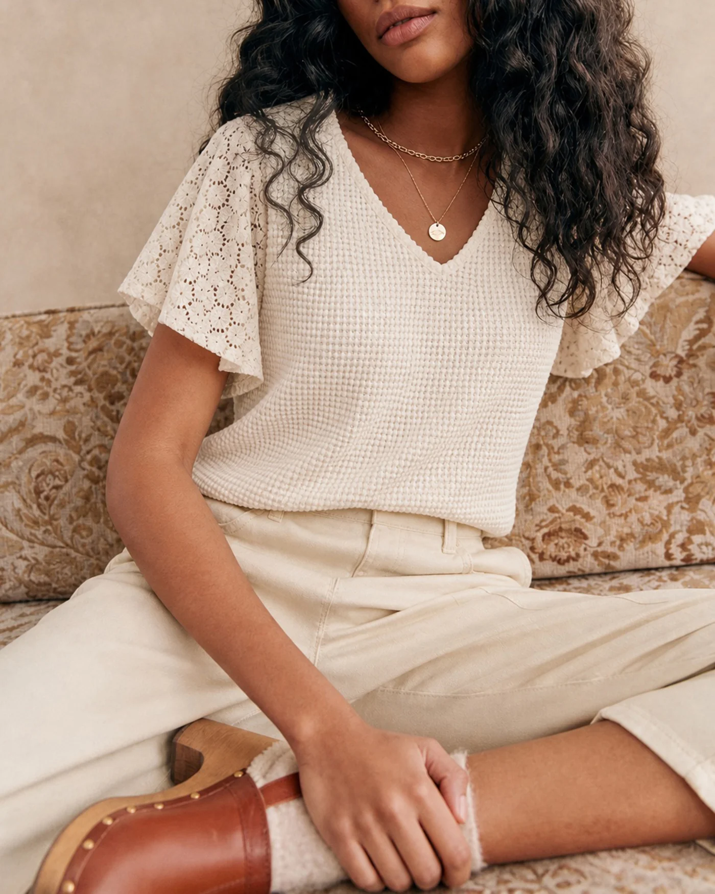 Apricot V Neck Cut Out Knit Tee