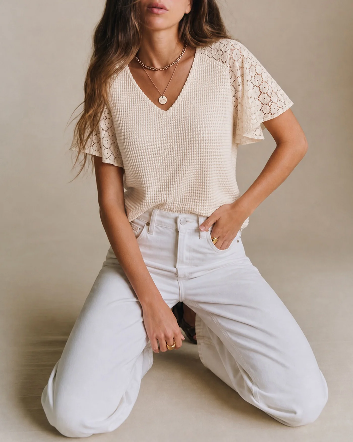 Apricot V Neck Cut Out Knit Tee - Image 2