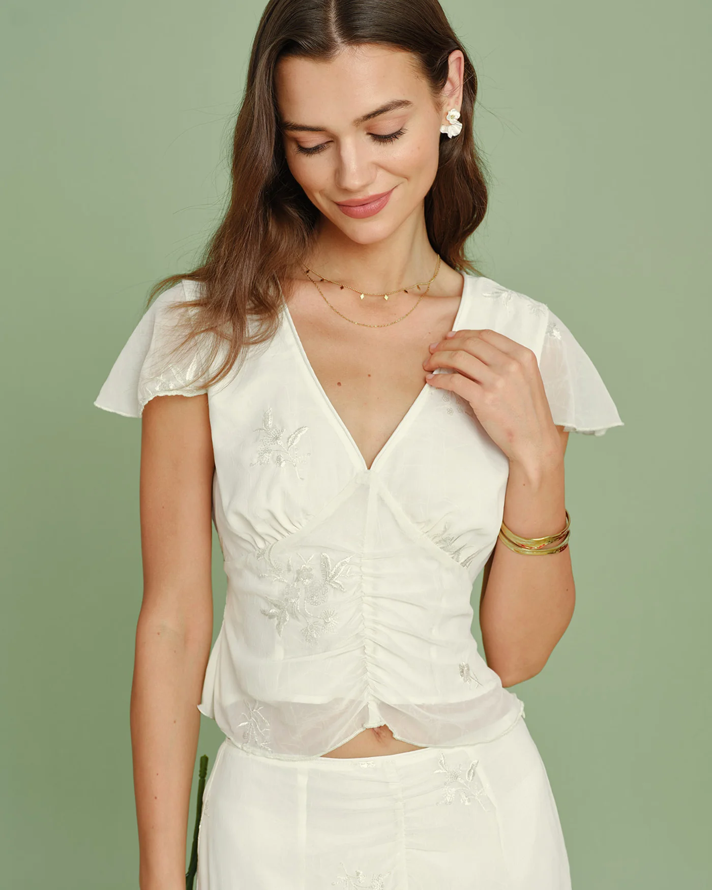 Apricot V Neck Embroidery Tee - Image 2