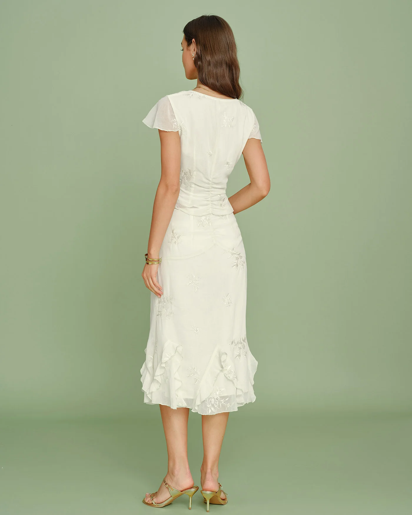 Apricot V Neck Embroidery Tee - Image 6