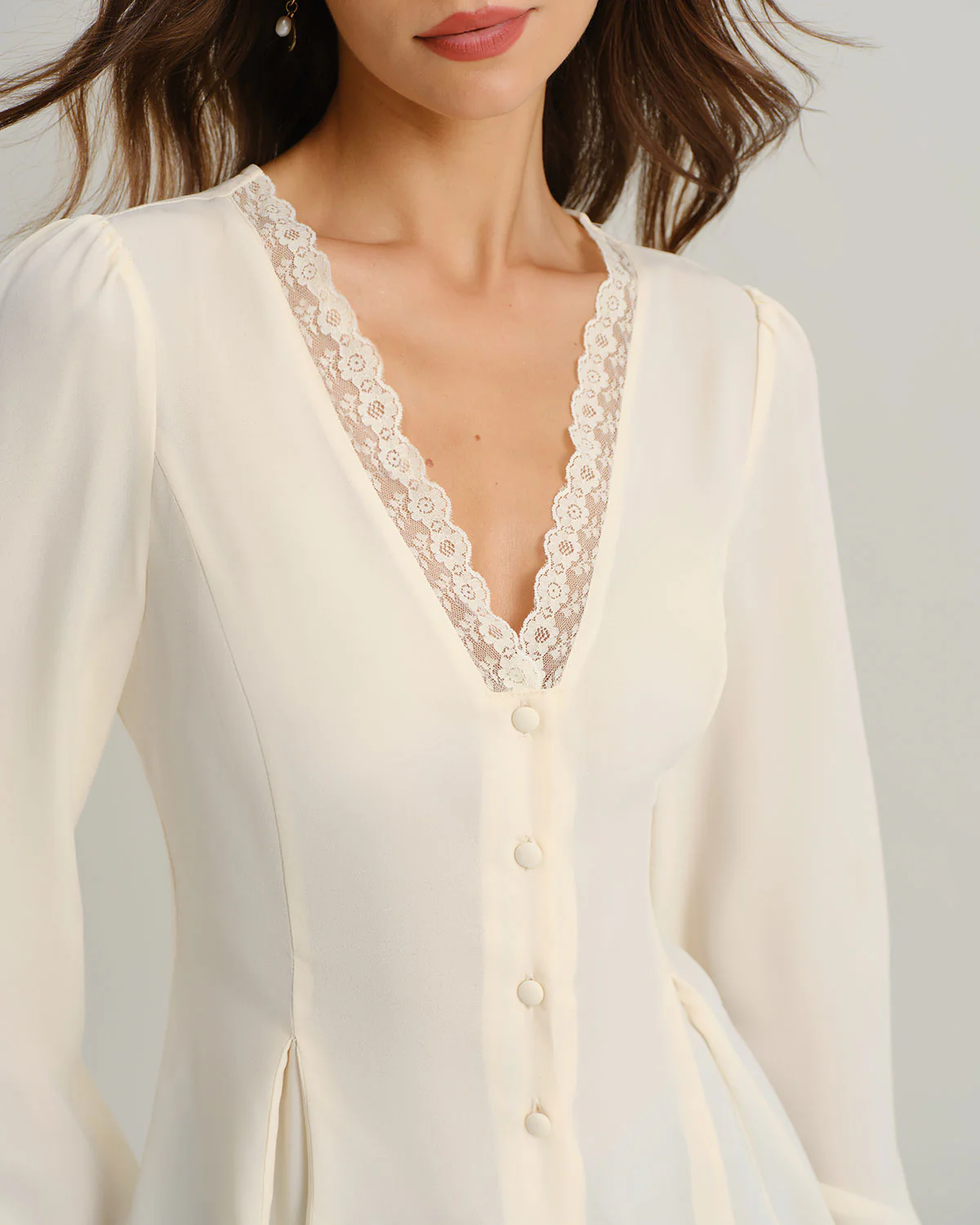 Apricot V Neck Lace Lantern Sleeve Blouse - Image 2