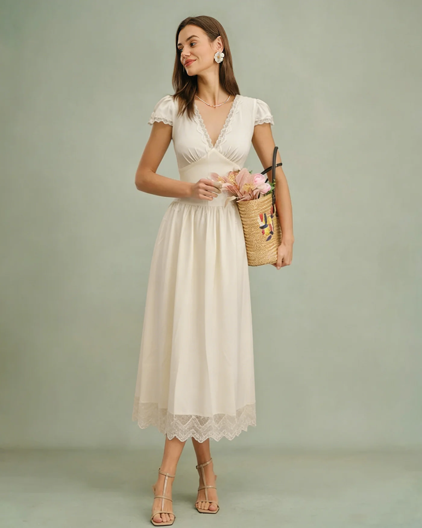 Apricot V Neck Lace Maxi Dress - Image 2