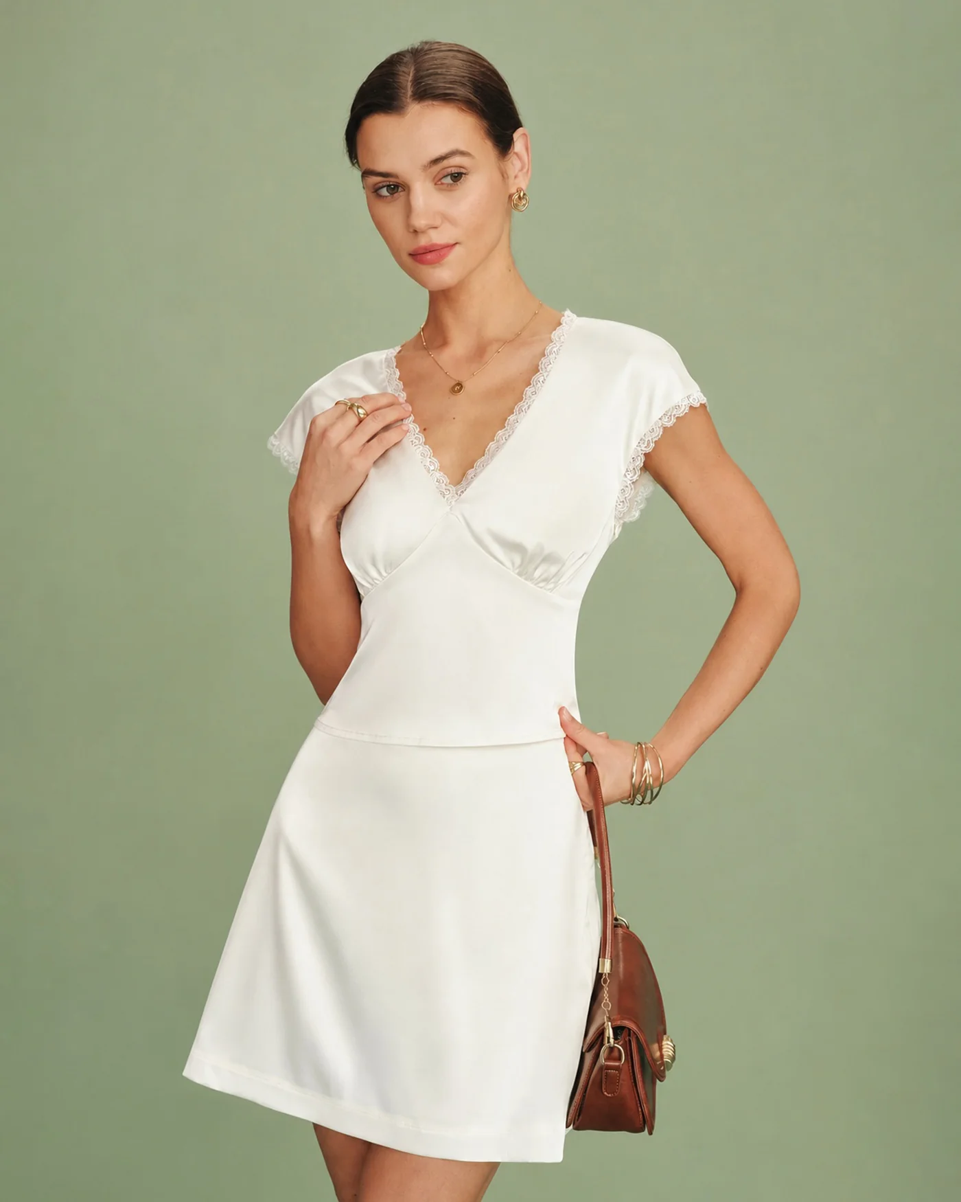 Apricot V Neck Lace Satin Tee - Image 2