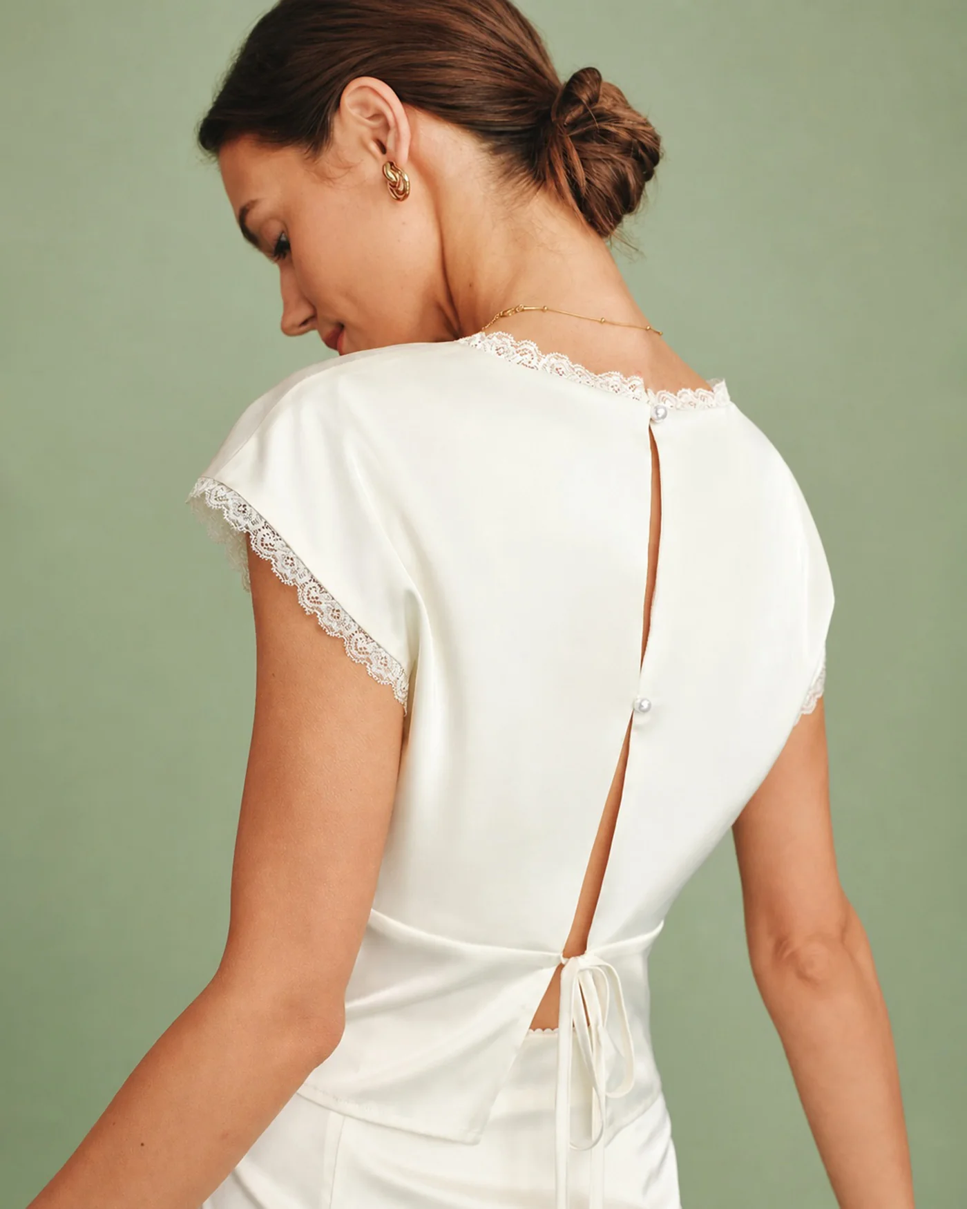 Apricot V Neck Lace Satin Tee - Image 3