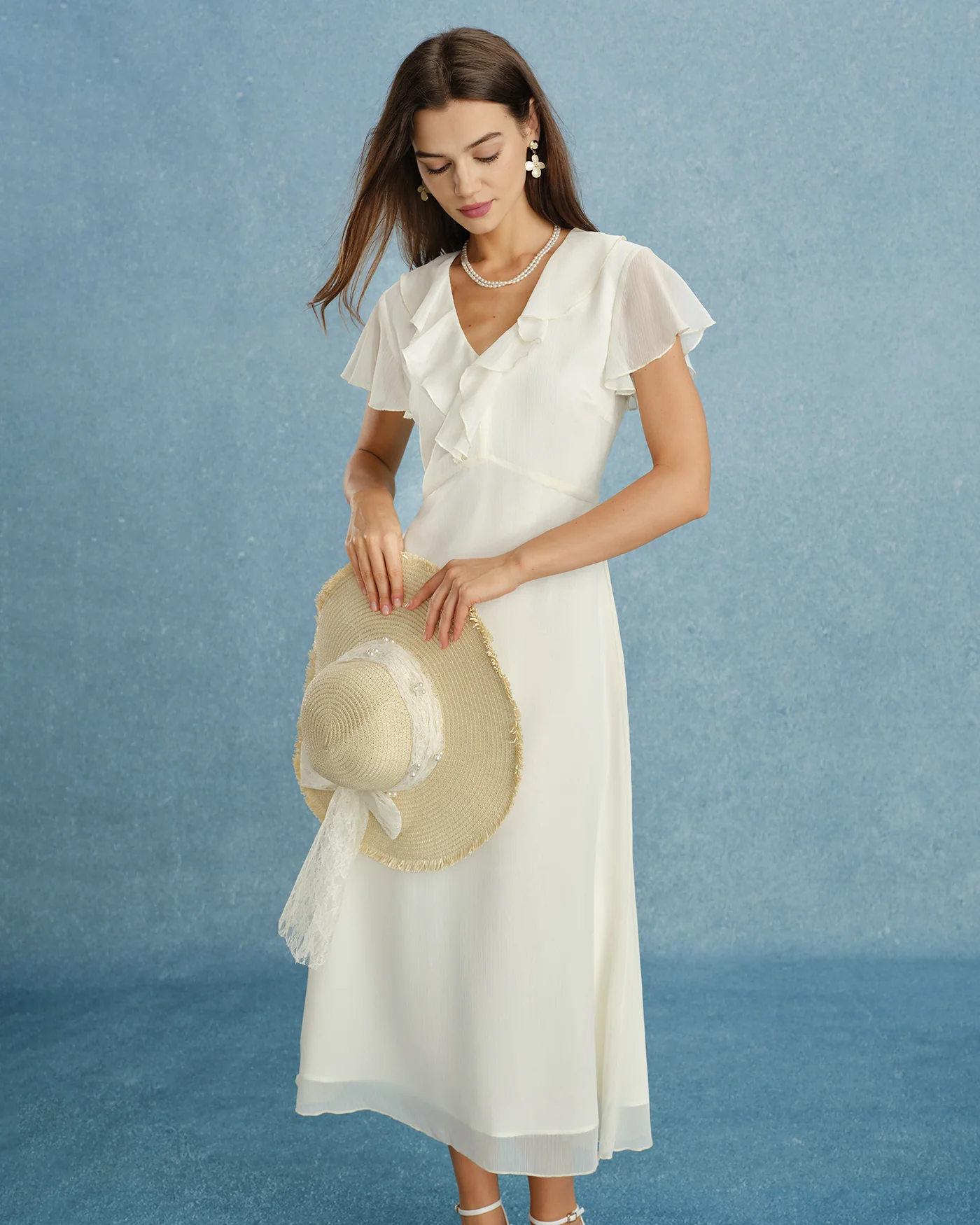 Apricot V Neck Ruffle Chiffon Midi Dress - Image 4