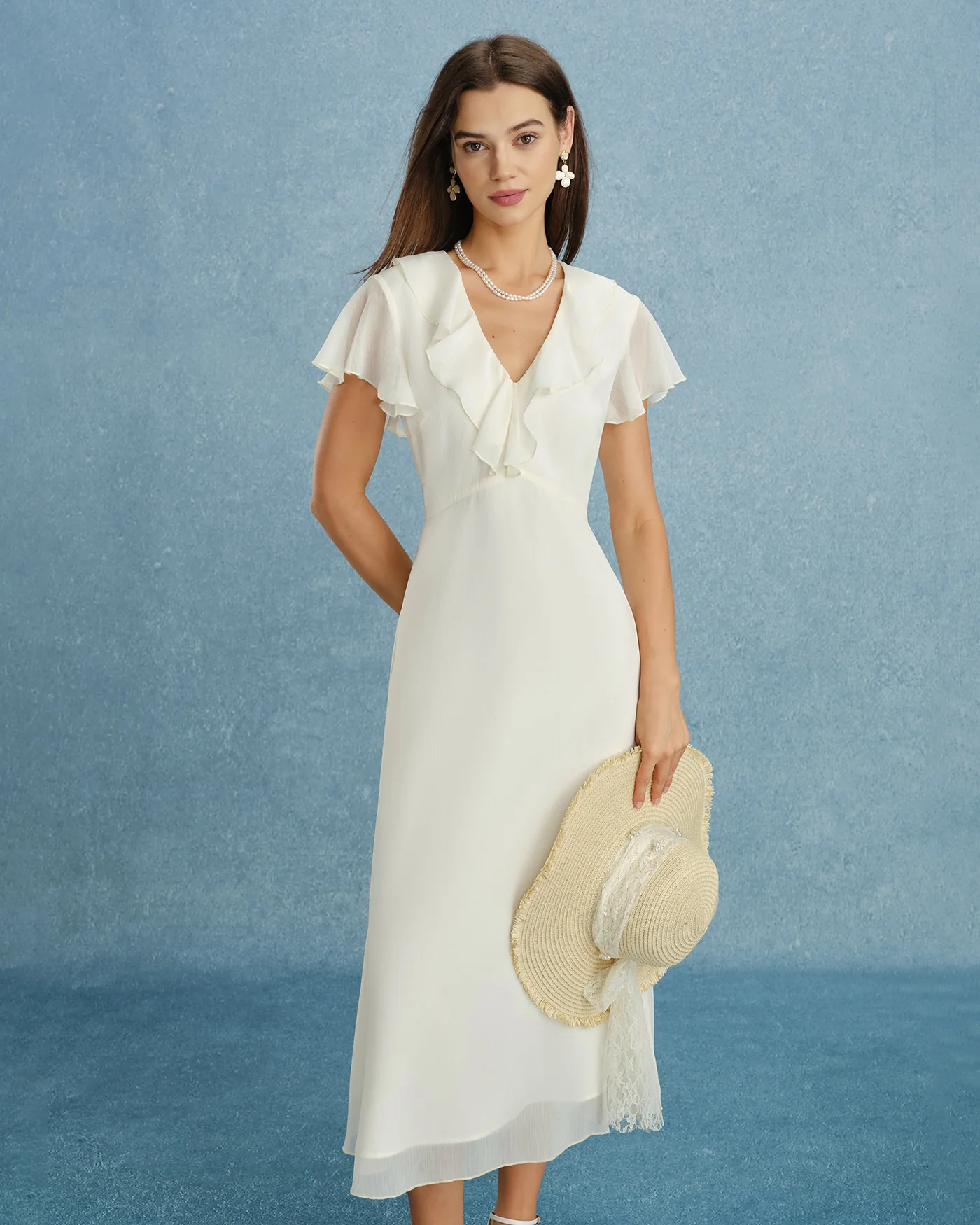 Apricot V Neck Ruffle Chiffon Midi Dress - Image 5