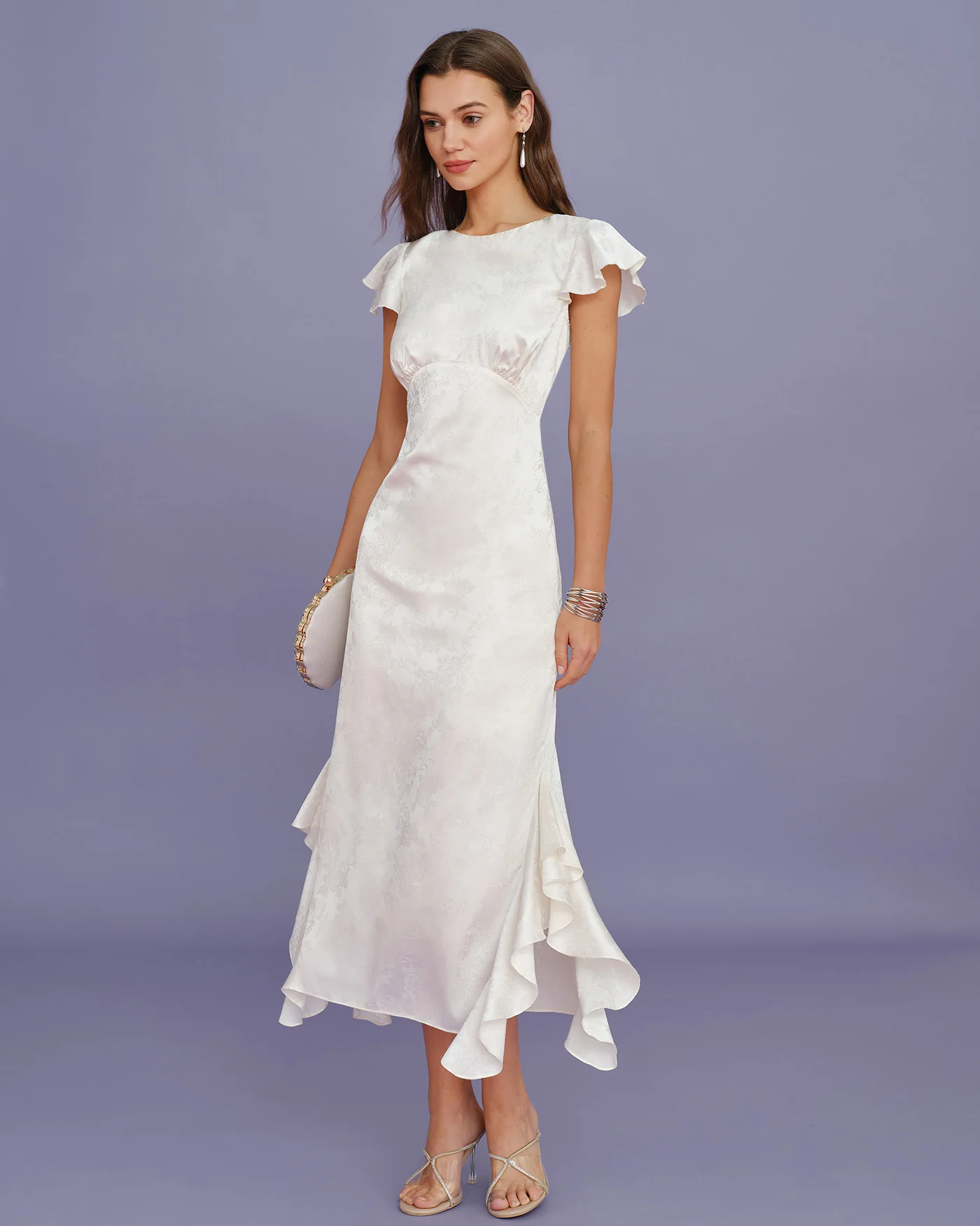 Beige Boat Neck Jacquard Ruffle Midi Dress