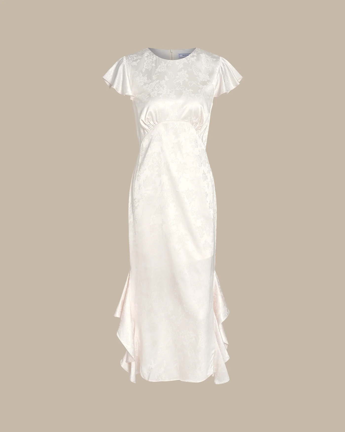 Beige Boat Neck Jacquard Ruffle Midi Dress - Image 6