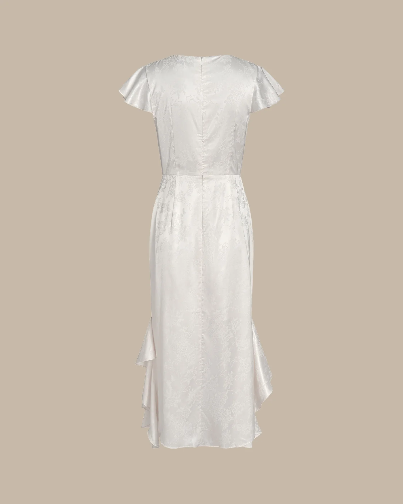 Beige Boat Neck Jacquard Ruffle Midi Dress - Image 7