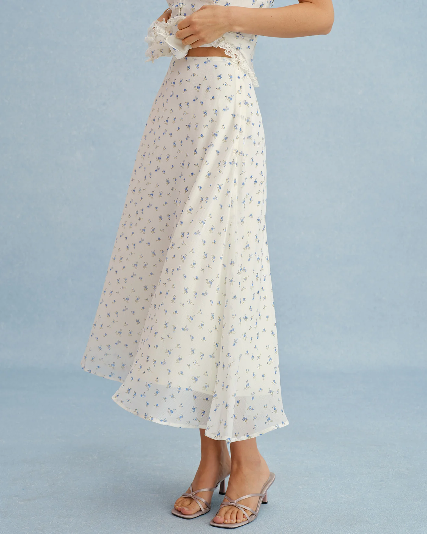 Beige Floral Chiffon Midi Skirt - Image 2