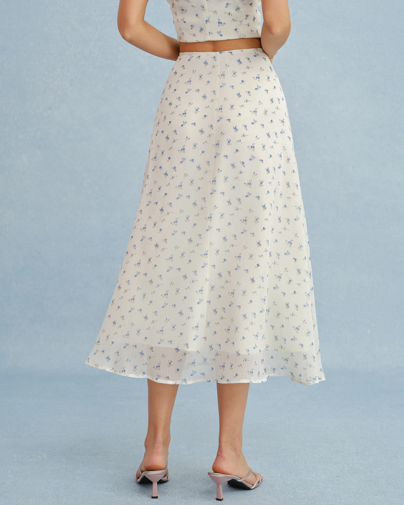 Beige Floral Chiffon Midi Skirt - Image 3